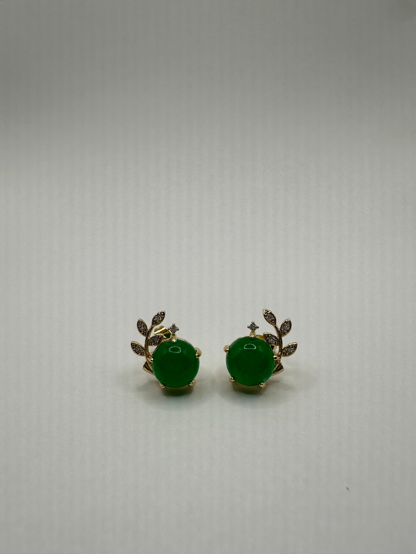 Genuine Green Jade Gemstone Golden Bronze Stud Earrings