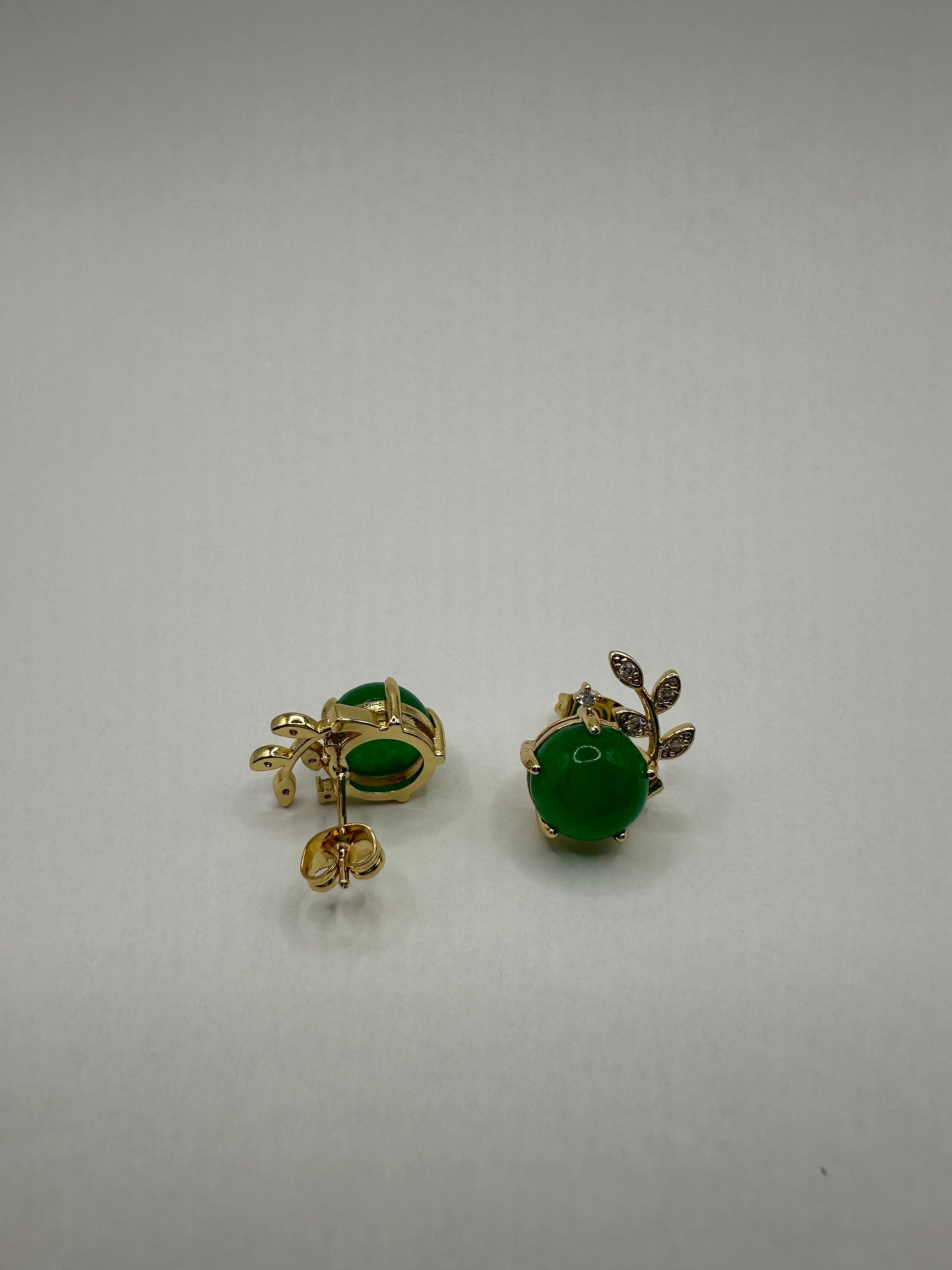 Genuine Green Jade Gemstone Golden Bronze Stud Earrings