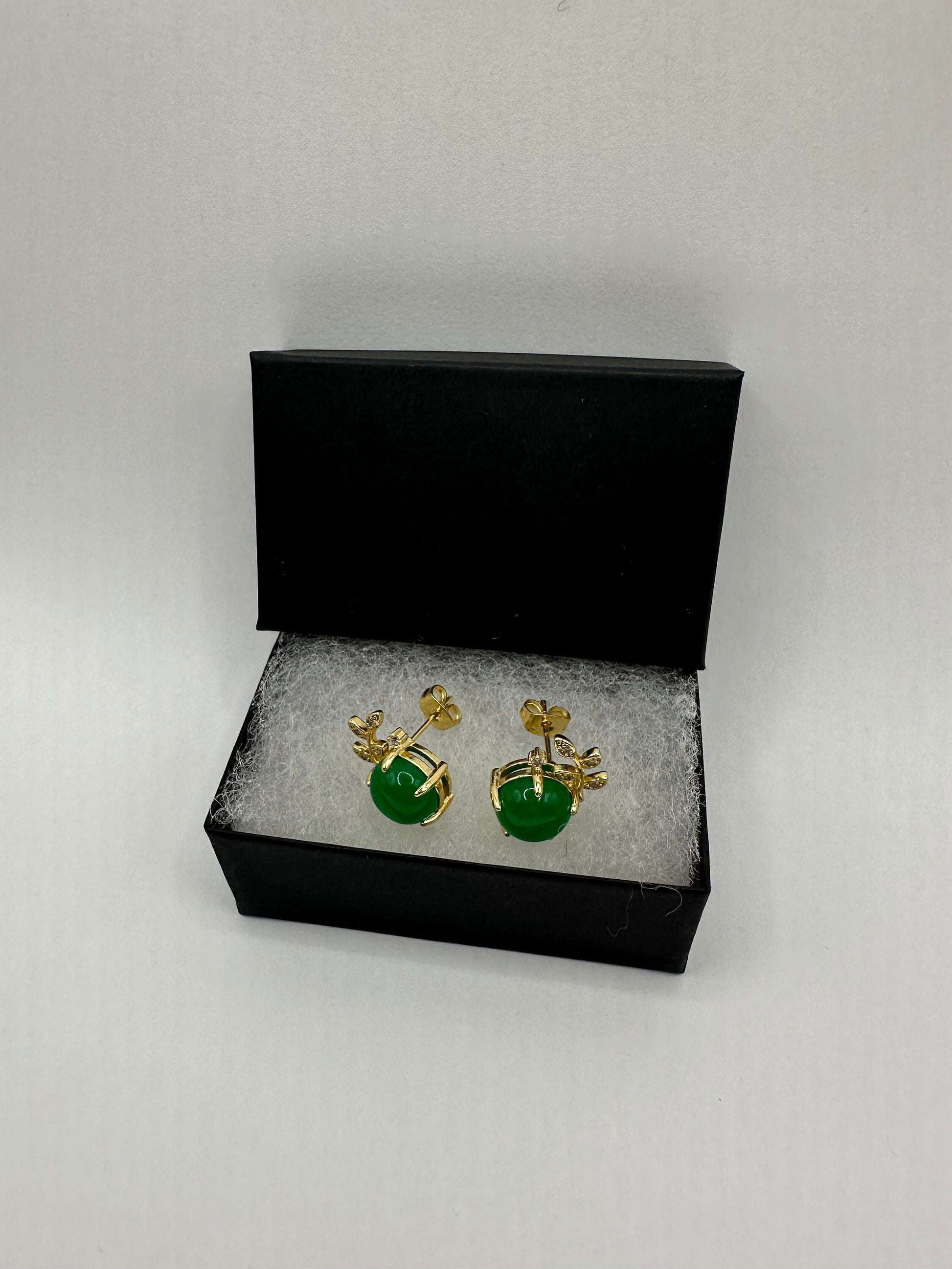 Genuine Green Jade Gemstone Golden Bronze Stud Earrings