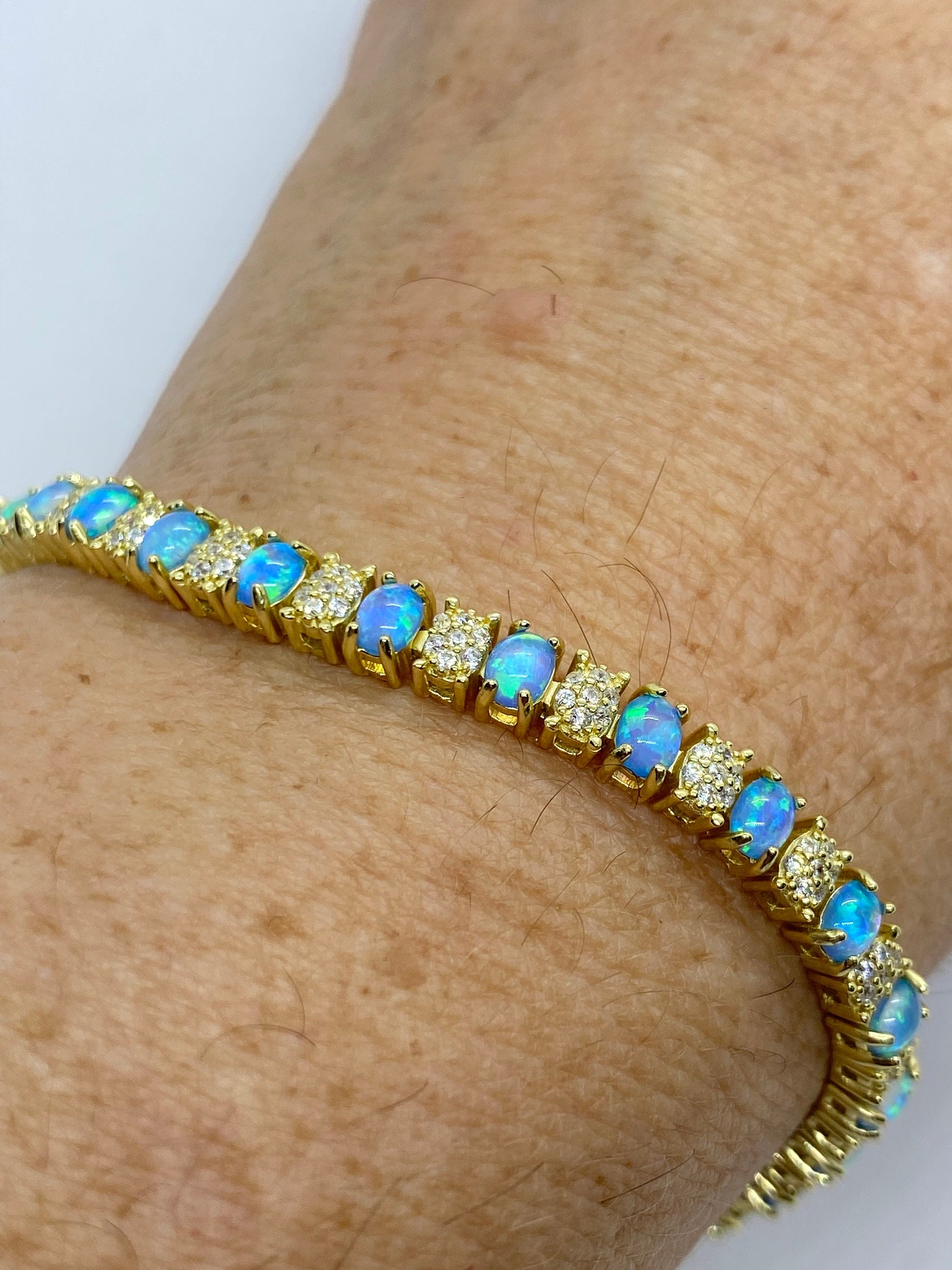 Vintage Blue Fire Opal Bracelet Golden 925 Sterling Silver