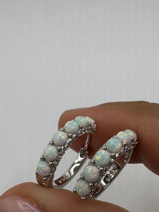 Vintage White Opal Earrings White Sapphire 925 Sterling Silver Hoops