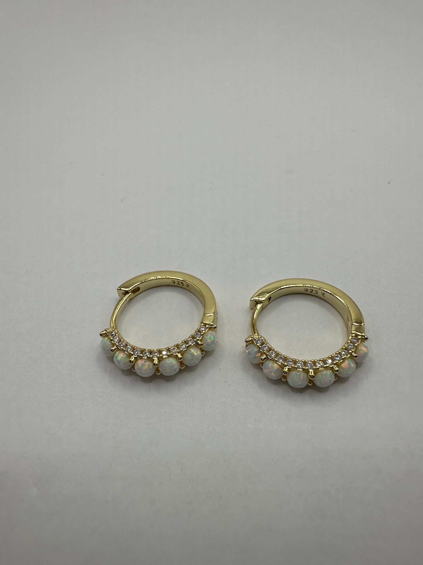 Vintage White Opal Earrings White Sapphire golden 925 Sterling Silver Hoops