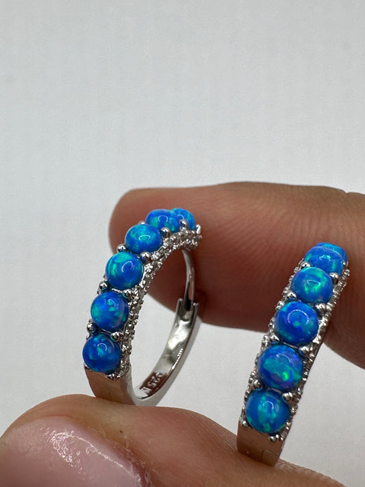 Vintage Blue Opal Earrings White Sapphire 925 Sterling Silver Hoops