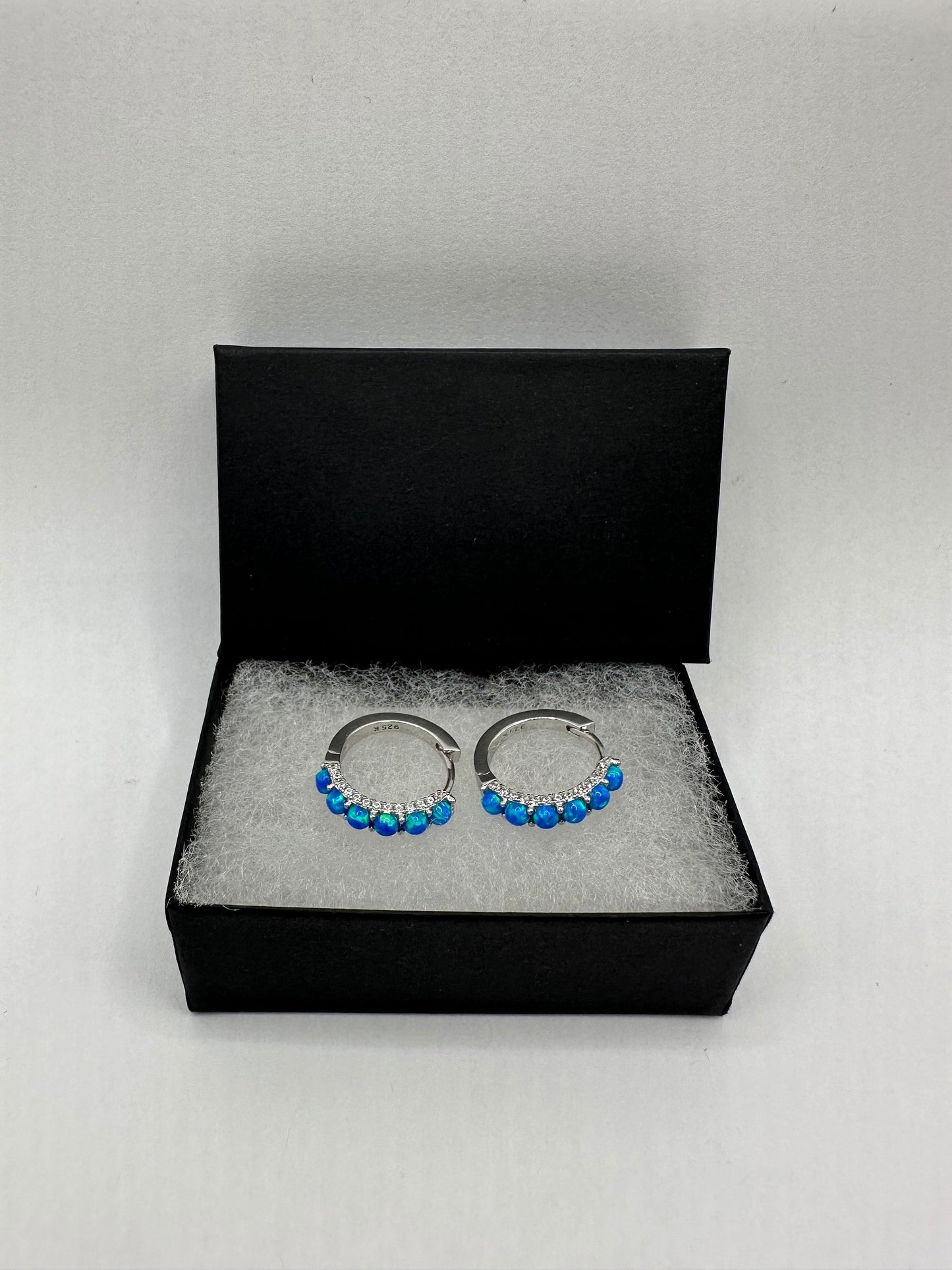 Vintage Blue Opal Earrings White Sapphire 925 Sterling Silver Hoops