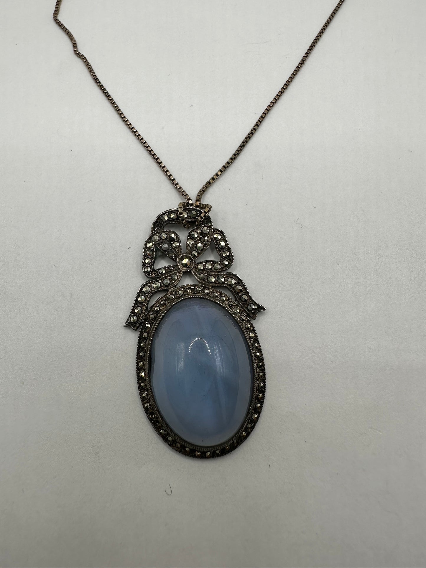 Vintage Blue Star Sapphire Glass Marcasite 925 Sterling Silver Necklace Choker