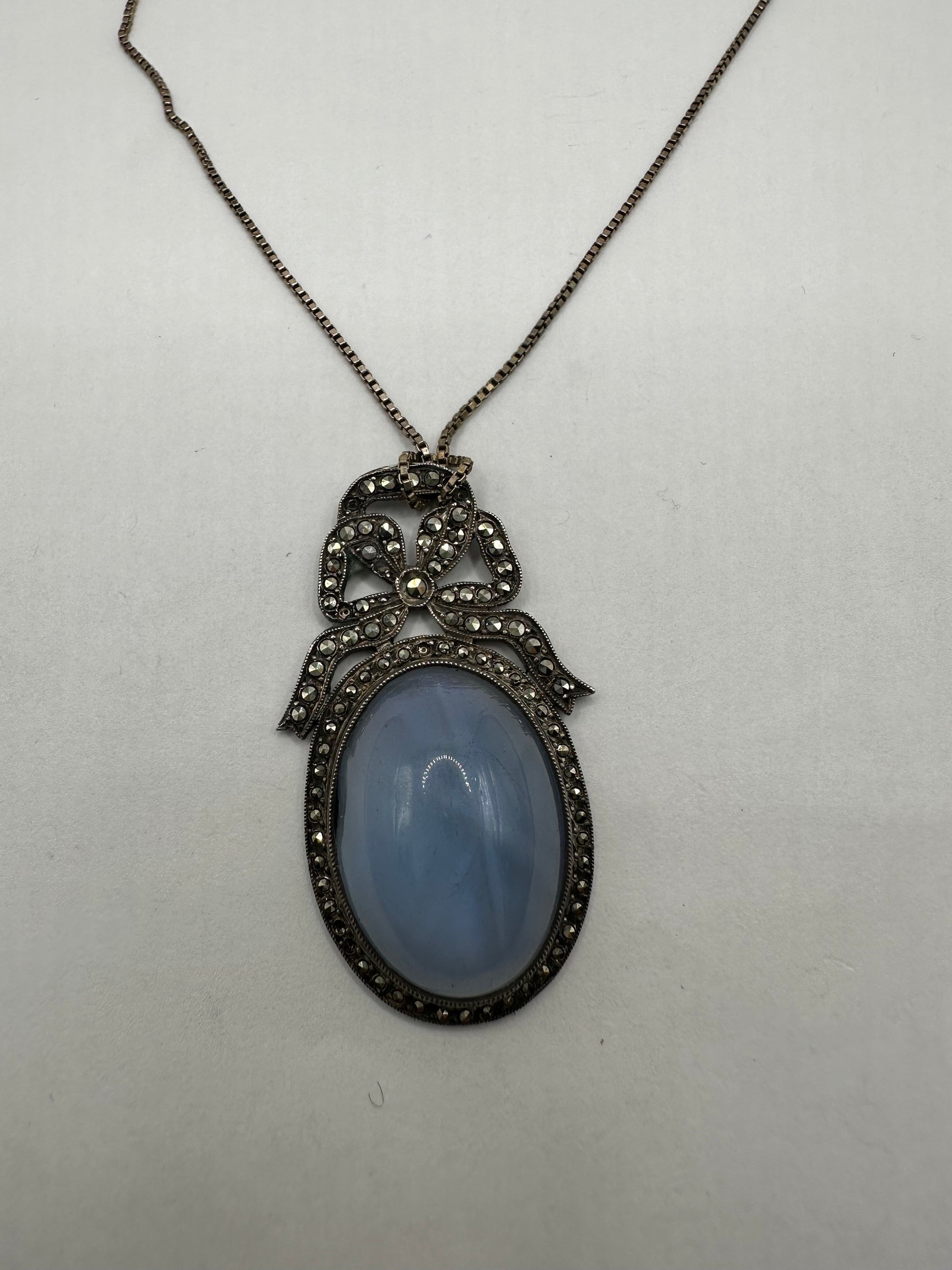 Vintage Blue Star Sapphire Glass Marcasite 925 Sterling Silver Necklace Choker