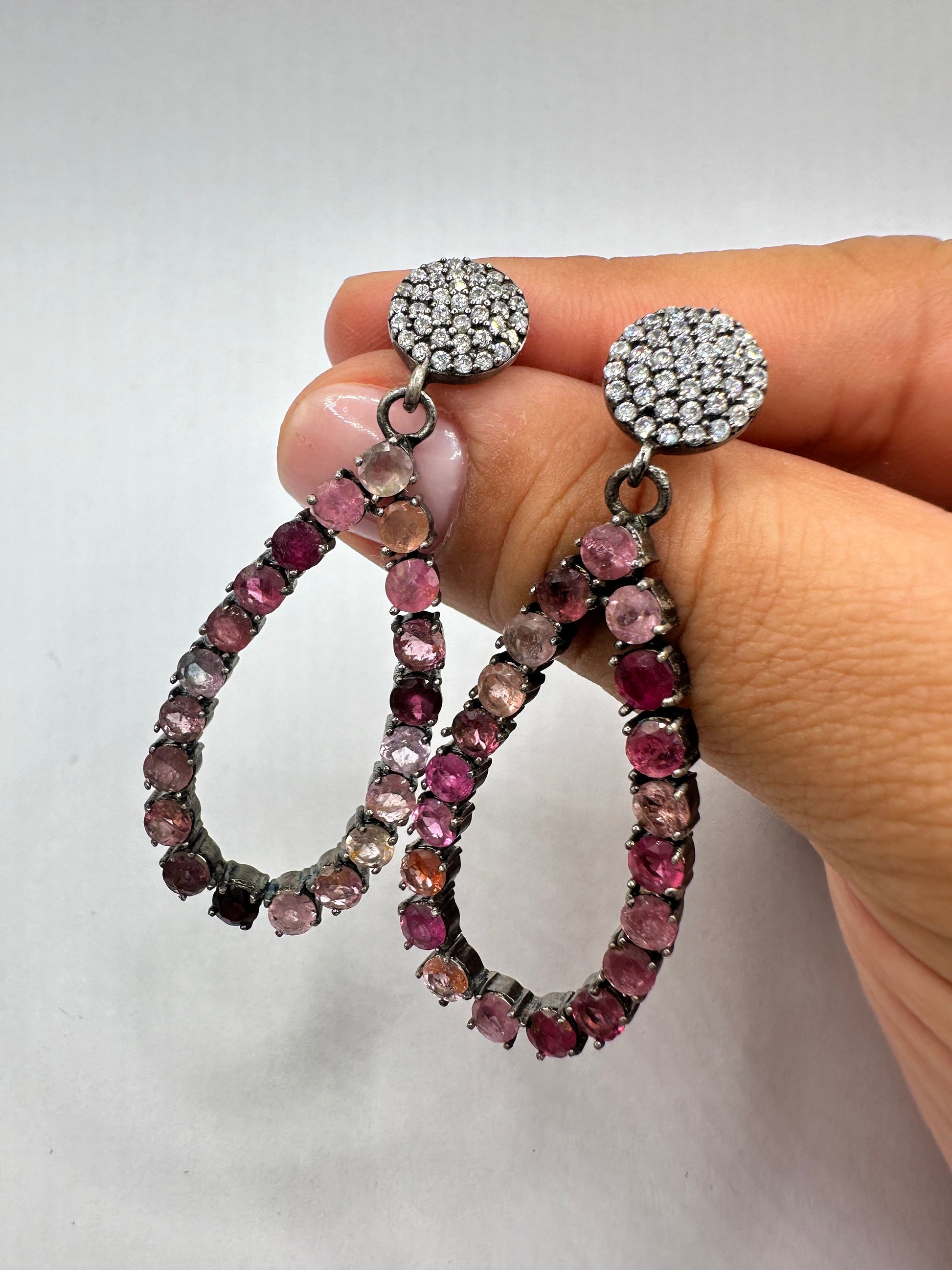Vintage Genuine Mixed Pink Color Tourmaline 925 Sterling Silver Golden Chandelier Dangle Earrings
