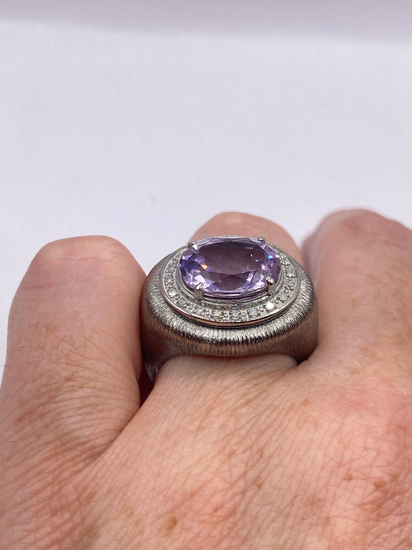 Vintage Purple Amethyst and Diamond Ring Deco Silver Stainless Steel Size 7