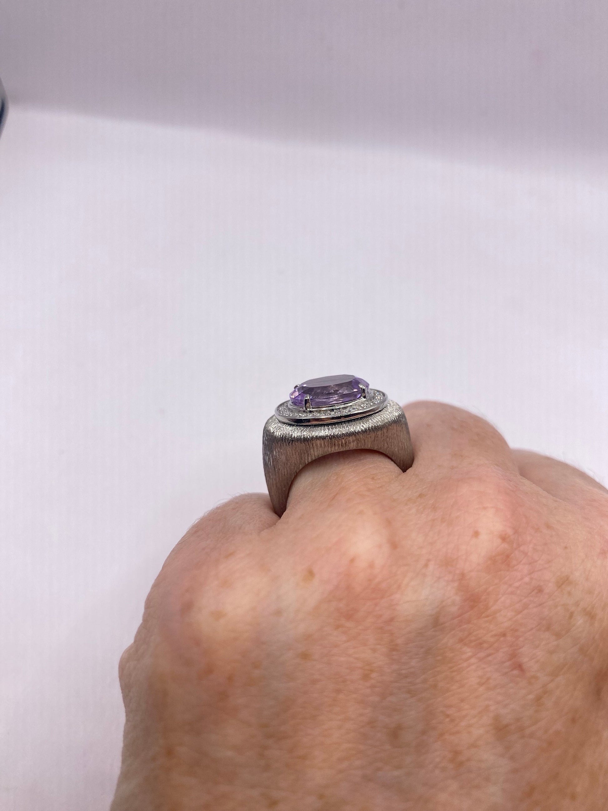 Vintage Purple Amethyst and Diamond Ring Deco Silver Stainless Steel Size 7
