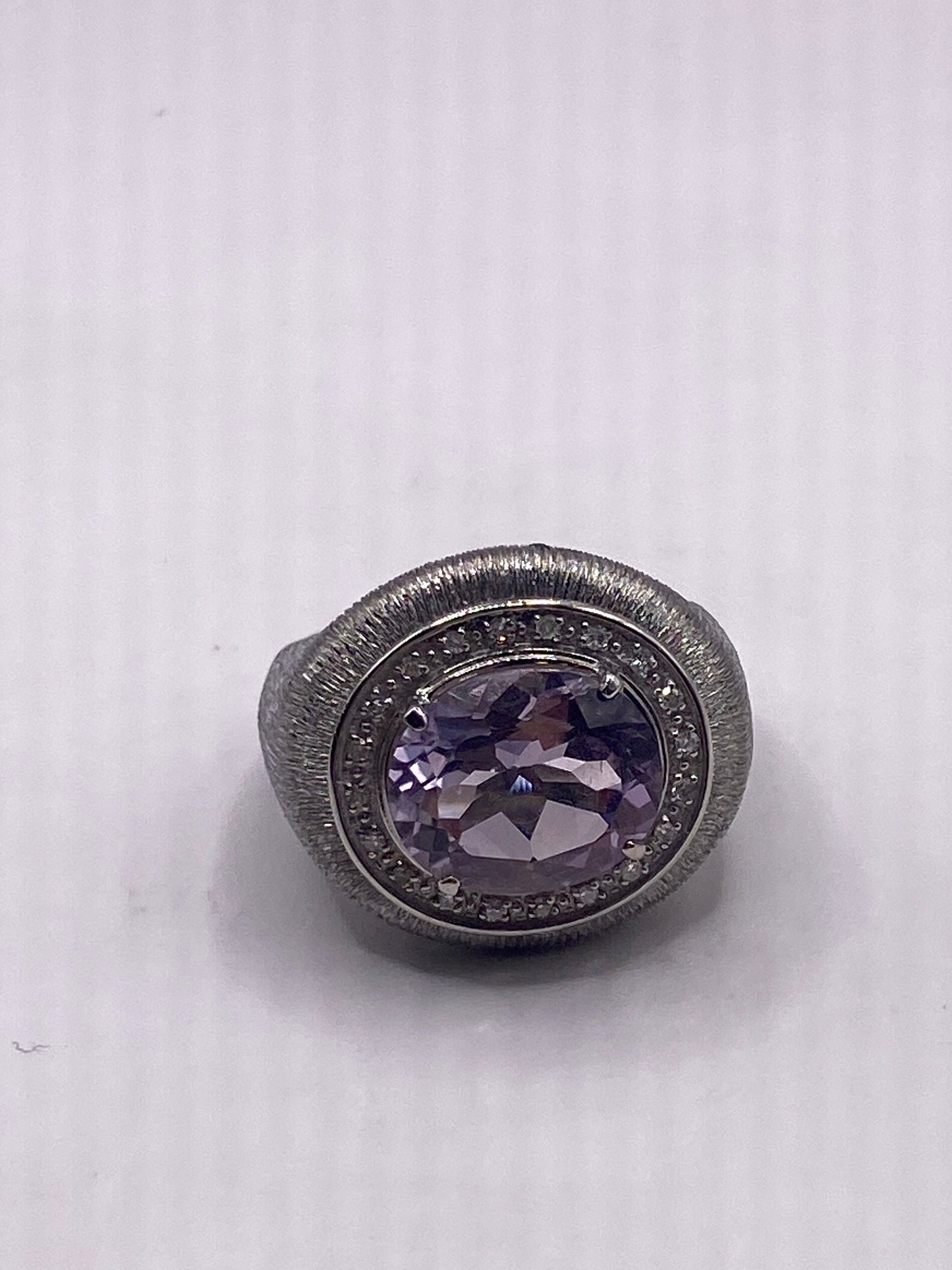 Vintage Purple Amethyst and Diamond Ring Deco Silver Stainless Steel Size 7