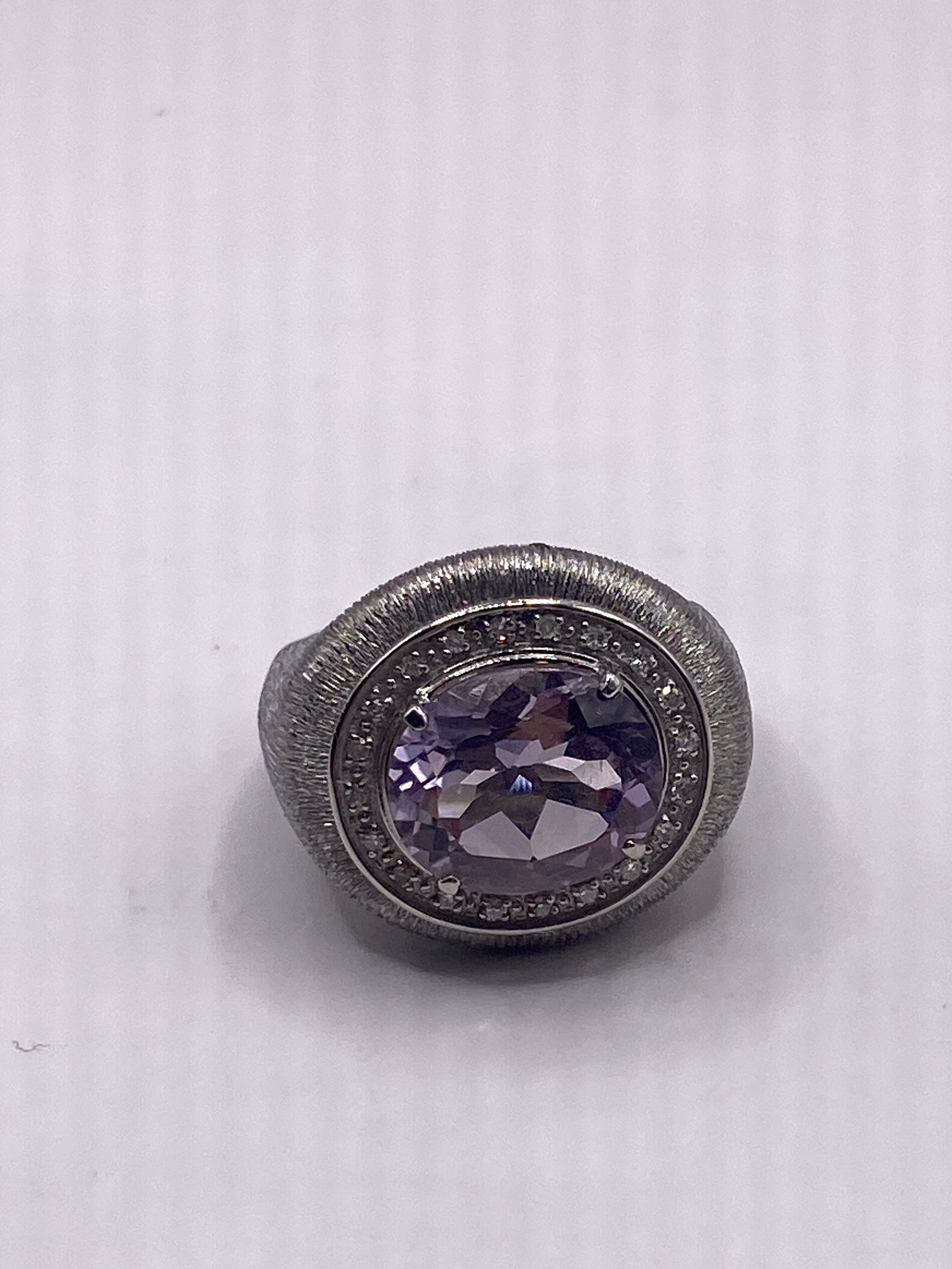 Vintage Purple Amethyst and Diamond Ring Deco Silver Stainless Steel Size 7