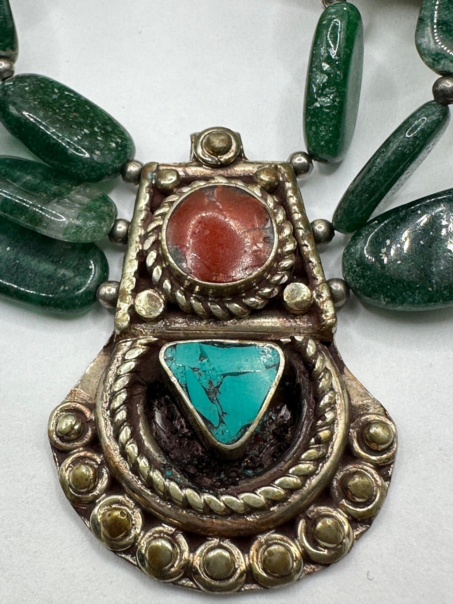 Vintage Green Moss Agate Choker Turquoise Red Coral Pendant