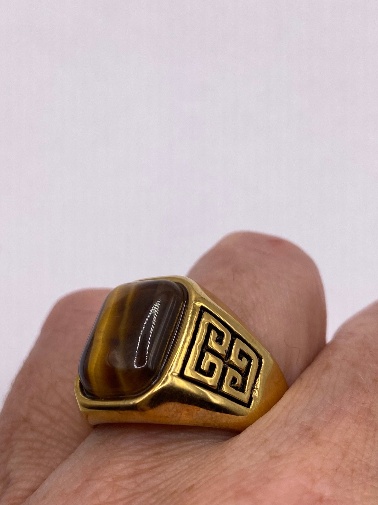 Vintage Gold Finished Stainless Steel Genuine Tigers Eye Ring