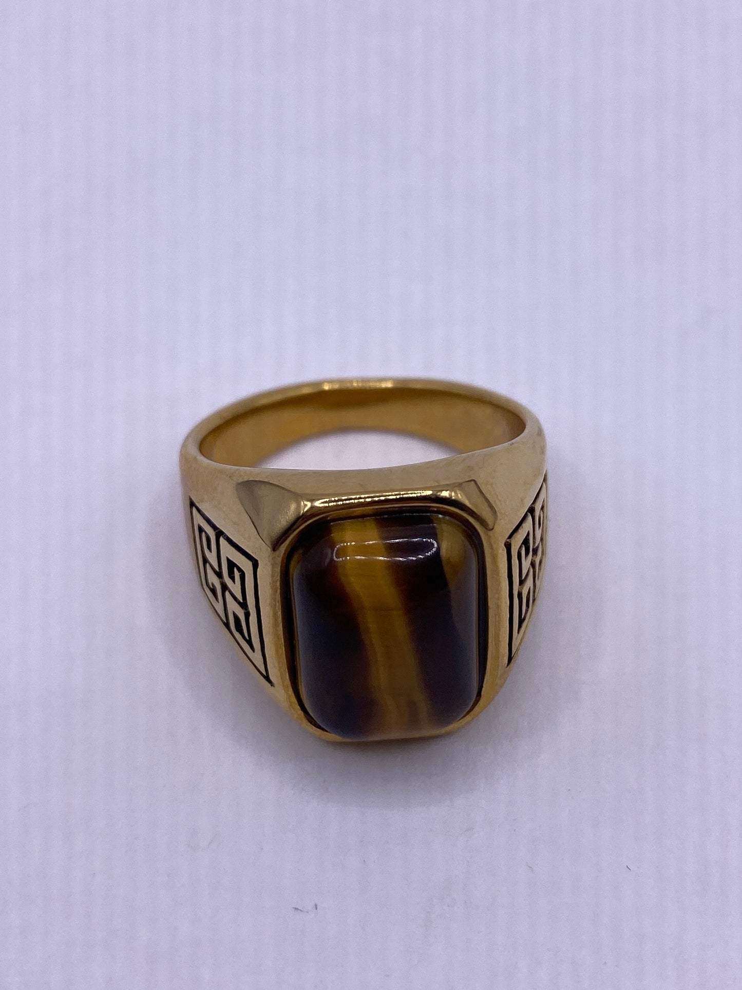 Vintage Gold Finished Stainless Steel Genuine Tigers Eye Ring
