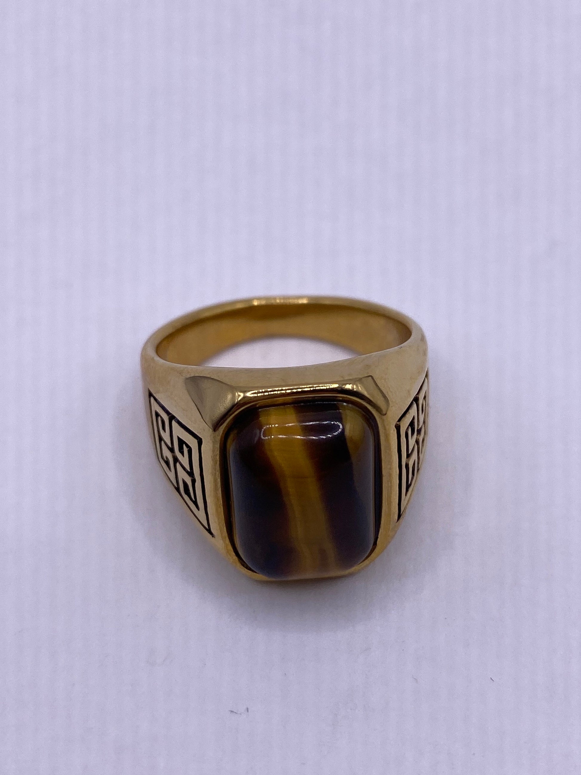 Vintage Gold Finished Stainless Steel Genuine Tigers Eye Ring
