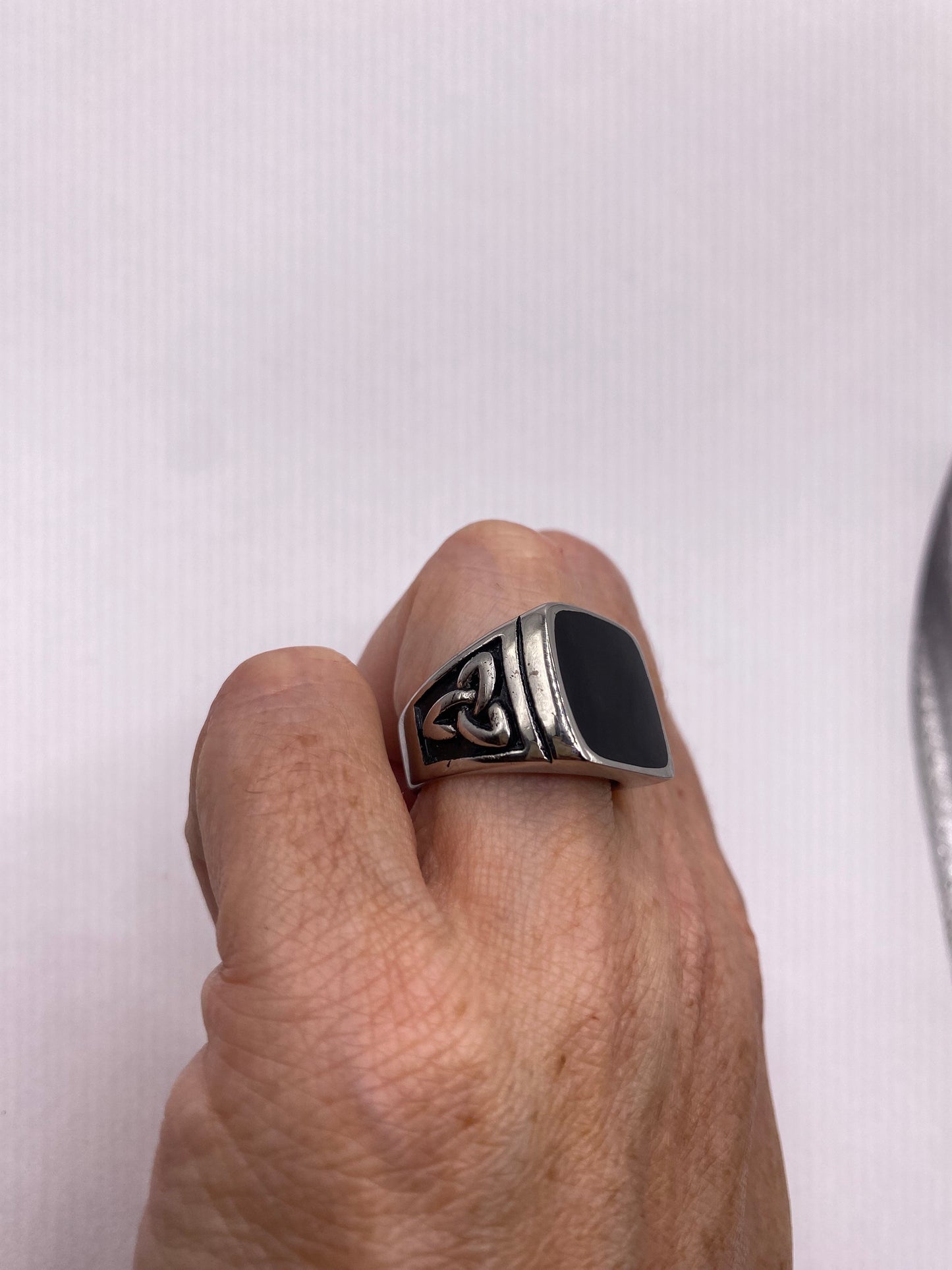 Vintage Celtic Black Enamel Stainless Steel Mens Ring