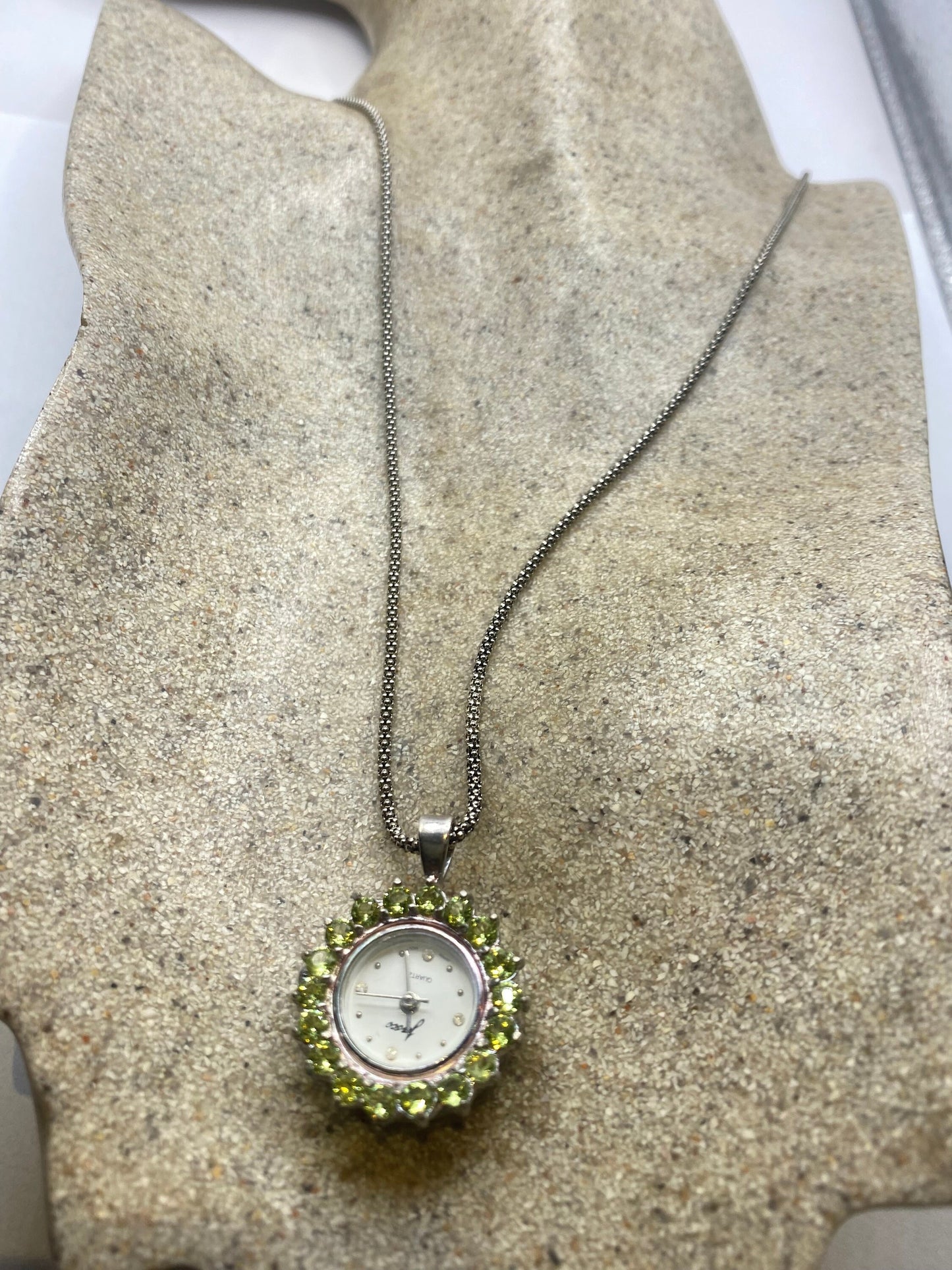 Vintage Watch Necklace 925 Sterling Silver Green Peridot Antique Pendant