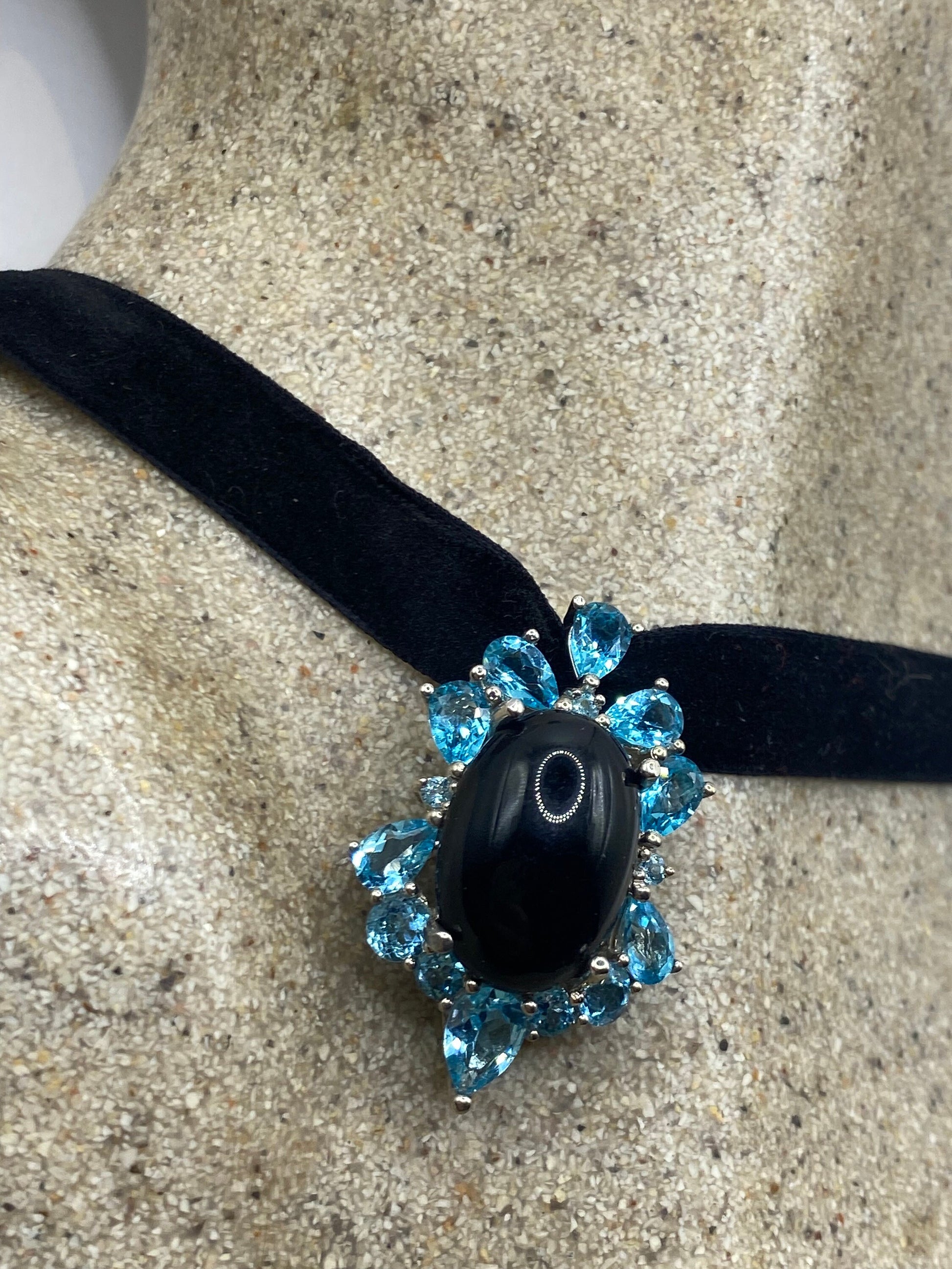 Vintage Blue Fluorite Black Onyx 925 Sterling Silver Choker Necklace Pendant