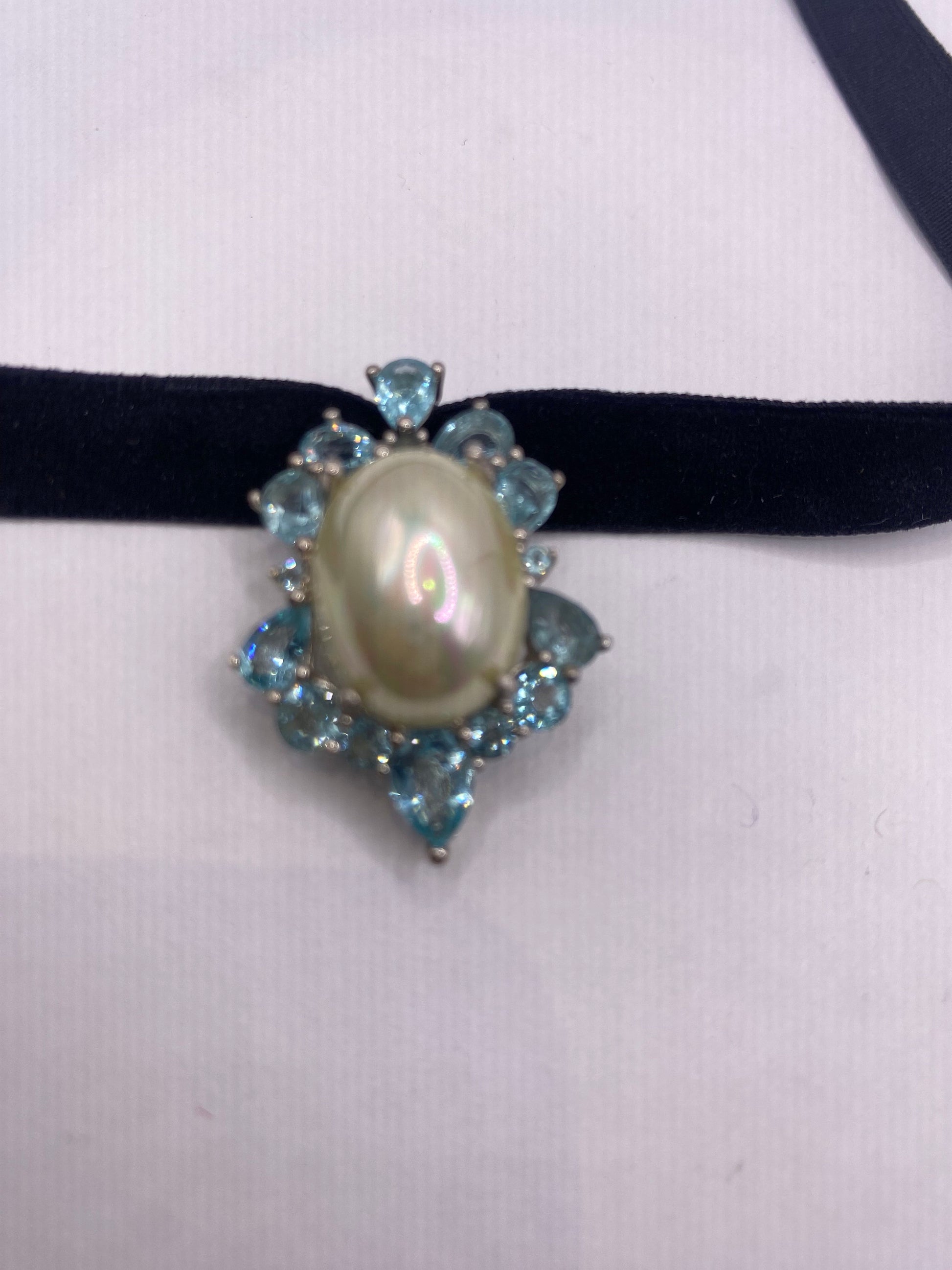 Vintage Blue Fluorite and White Pearl 925 Sterling Silver Choker Necklace Pendant