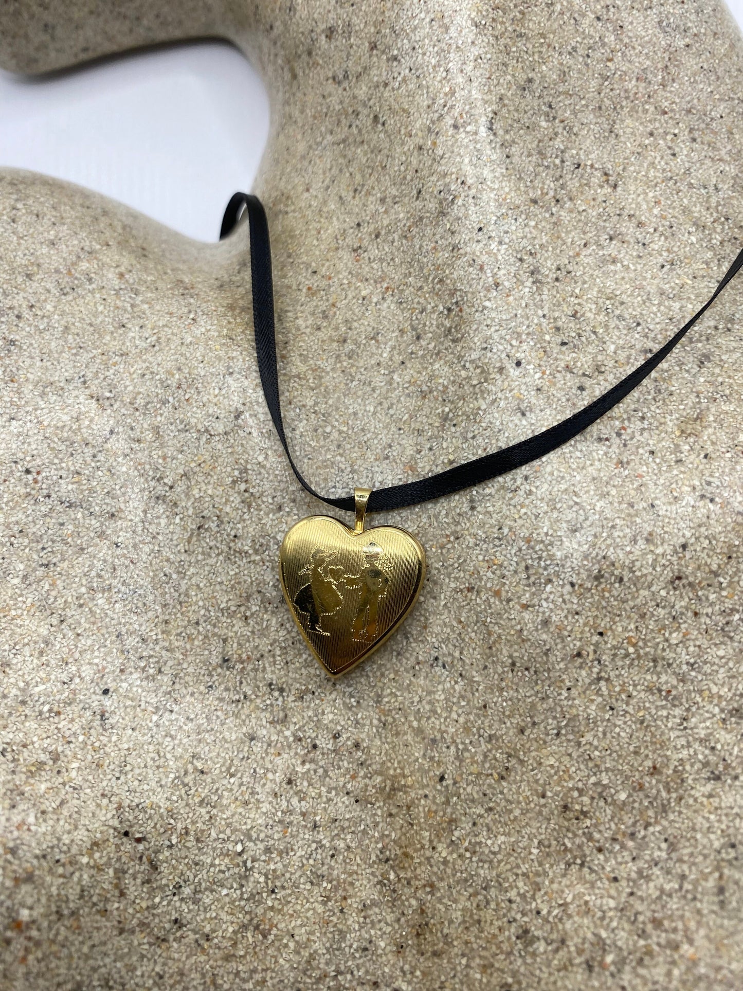 Vintage Gold Locket | Tiny Heart 9k Gold Filled Pendant Photo Memory Charm Engraved First Communion | Choker Necklace
