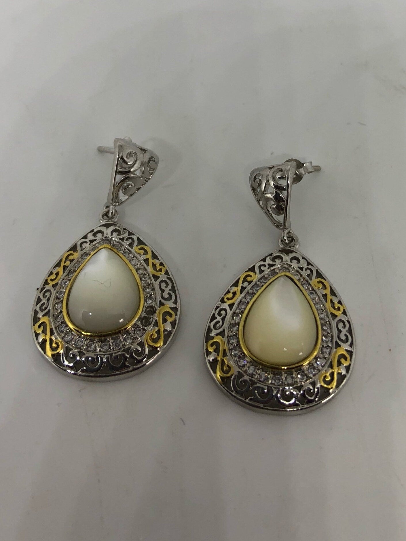 Vintage Mother of Pearl 925 Sterling Silver Dangle Chadelier Earrings