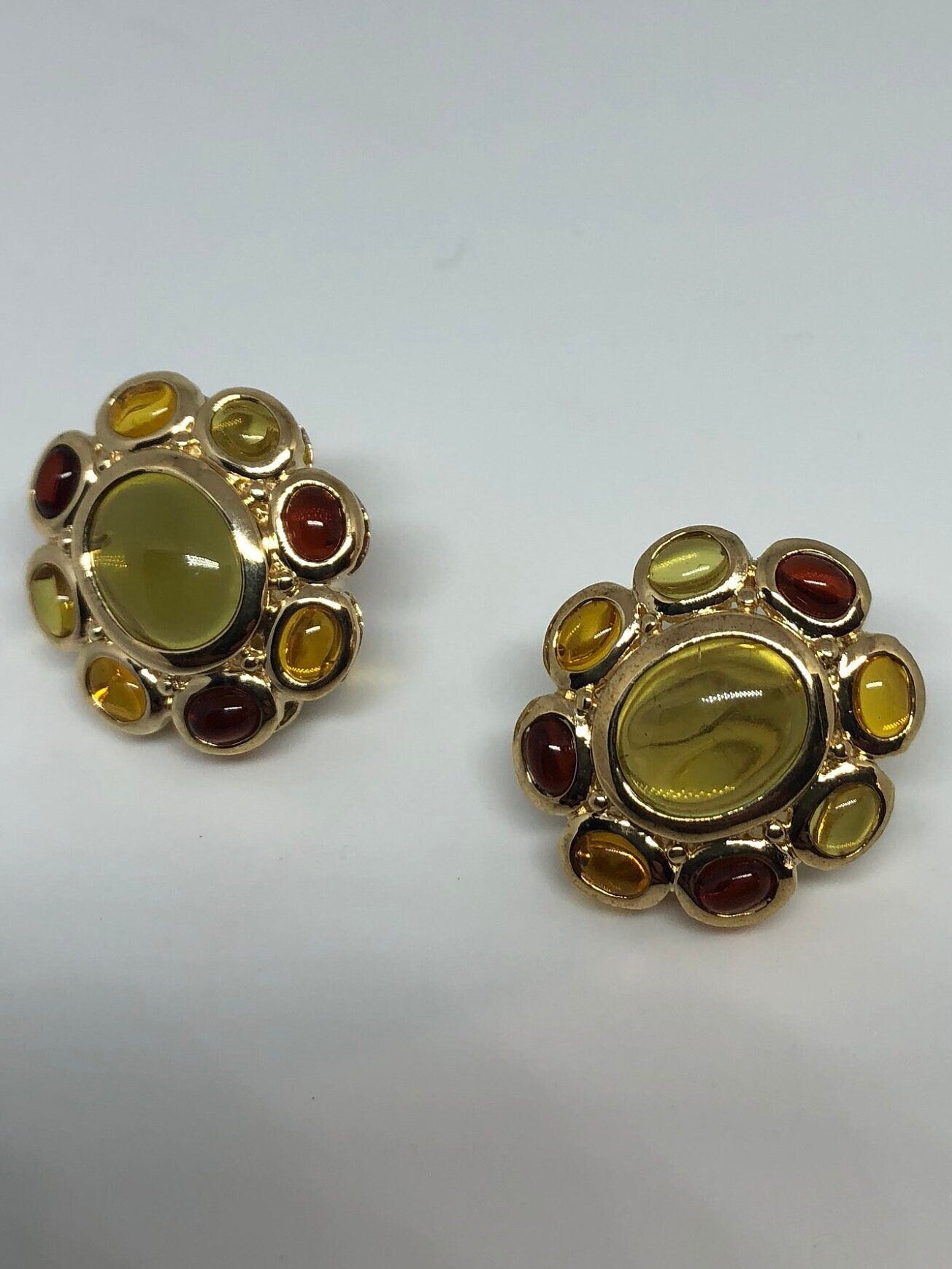Vintage Mixed Golden Genuine Gemstone Filigree 925 Sterling Silver button Earrings