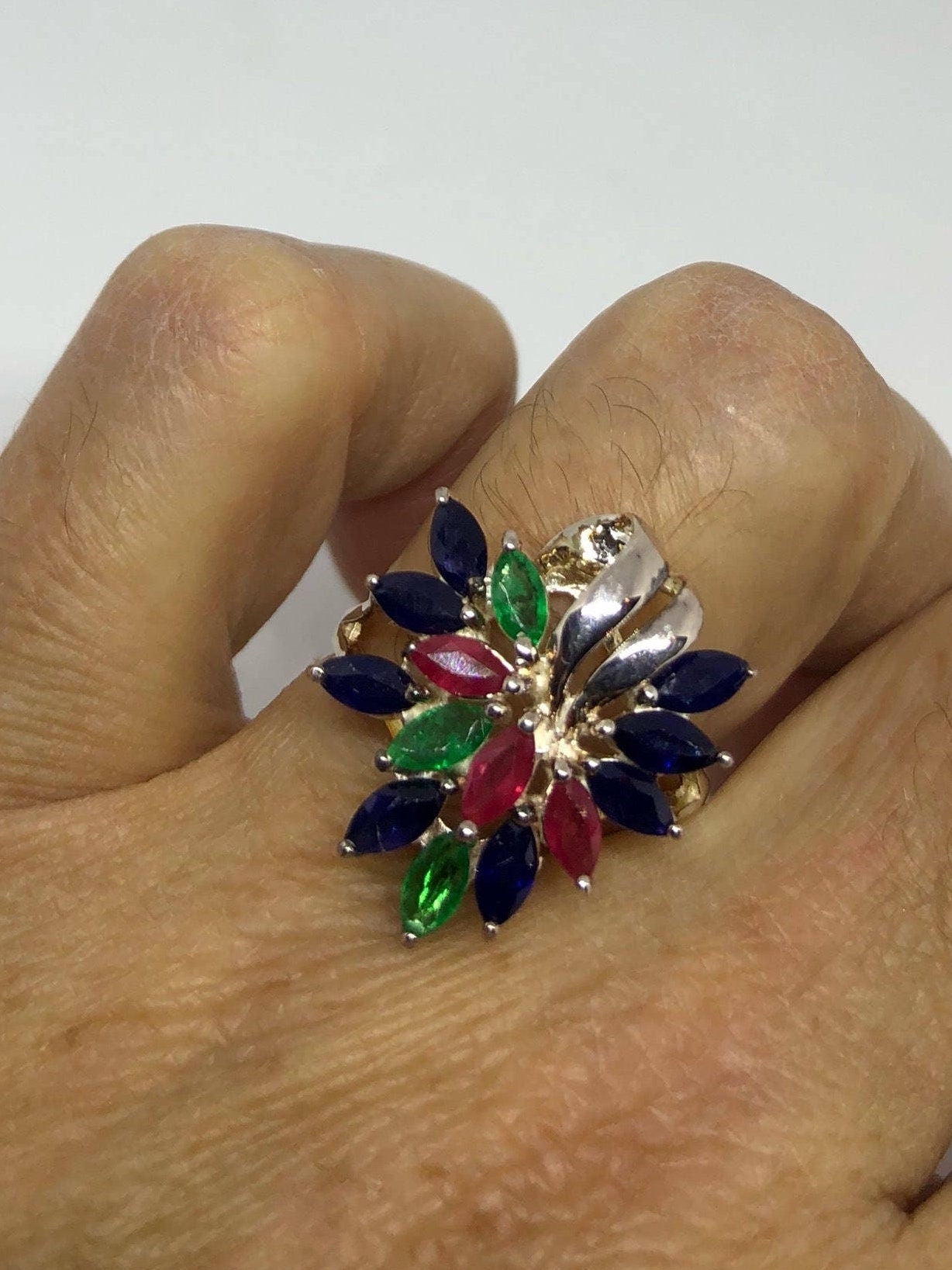 Vintage Ruby Emerald Sapphire Sterling Silver Cocktail Ring