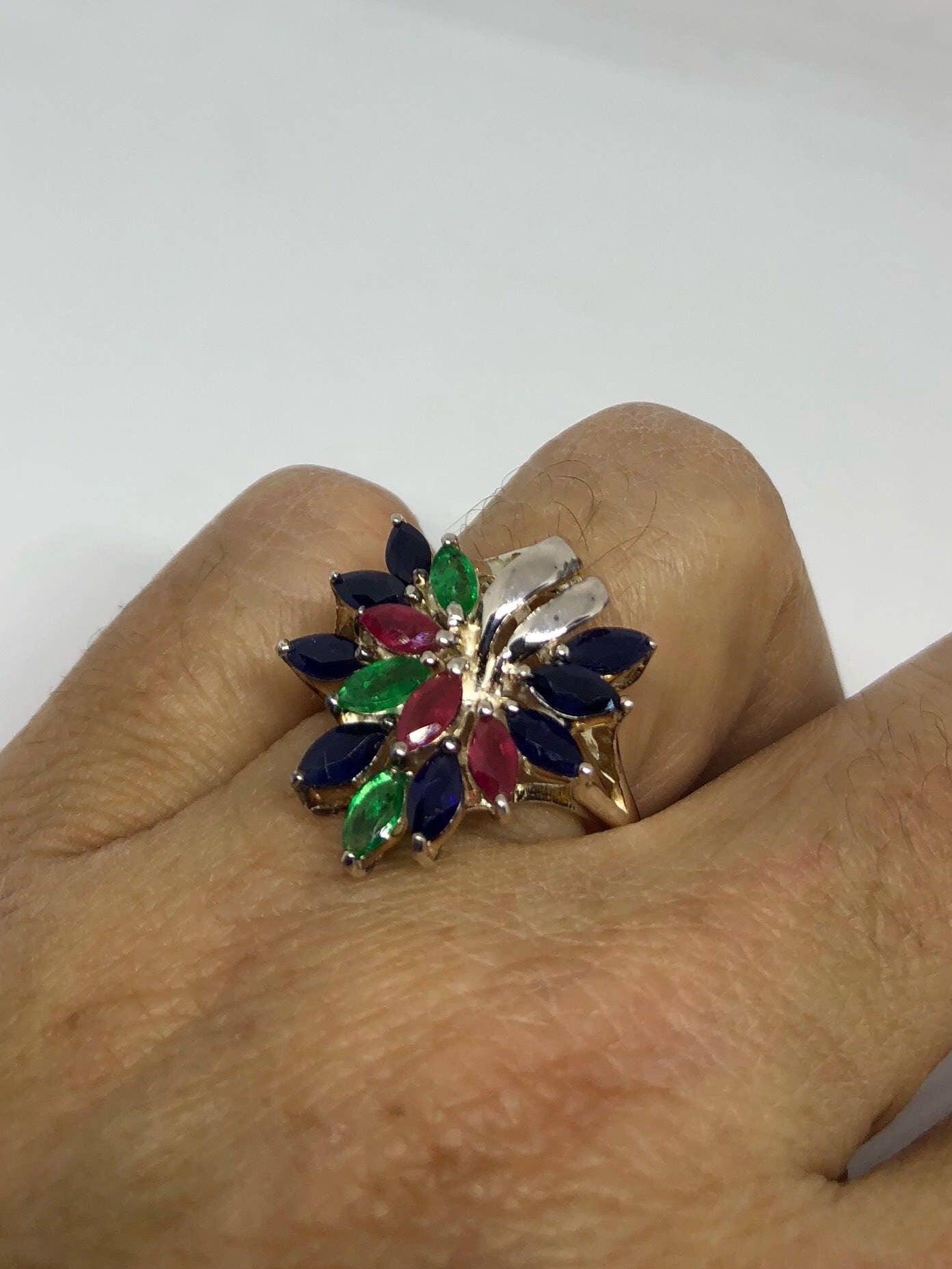 Vintage Ruby Emerald Sapphire Sterling Silver Cocktail Ring