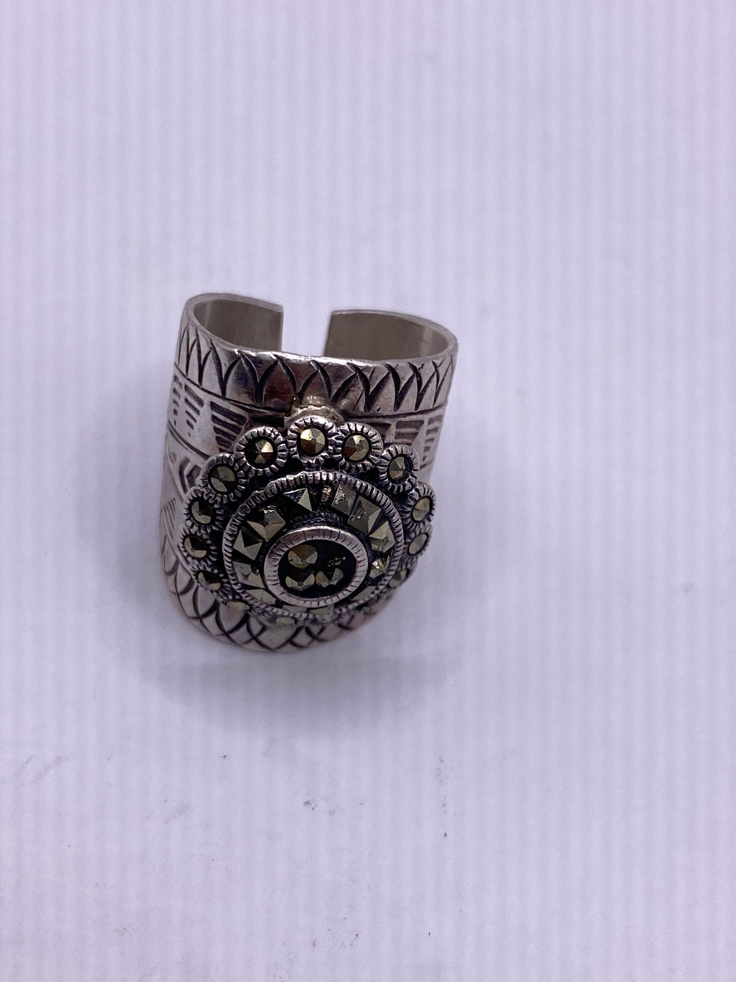Vintage Handmade Genuine Swiss Marcasite Setting 925 Sterling Silver Gothic Ring