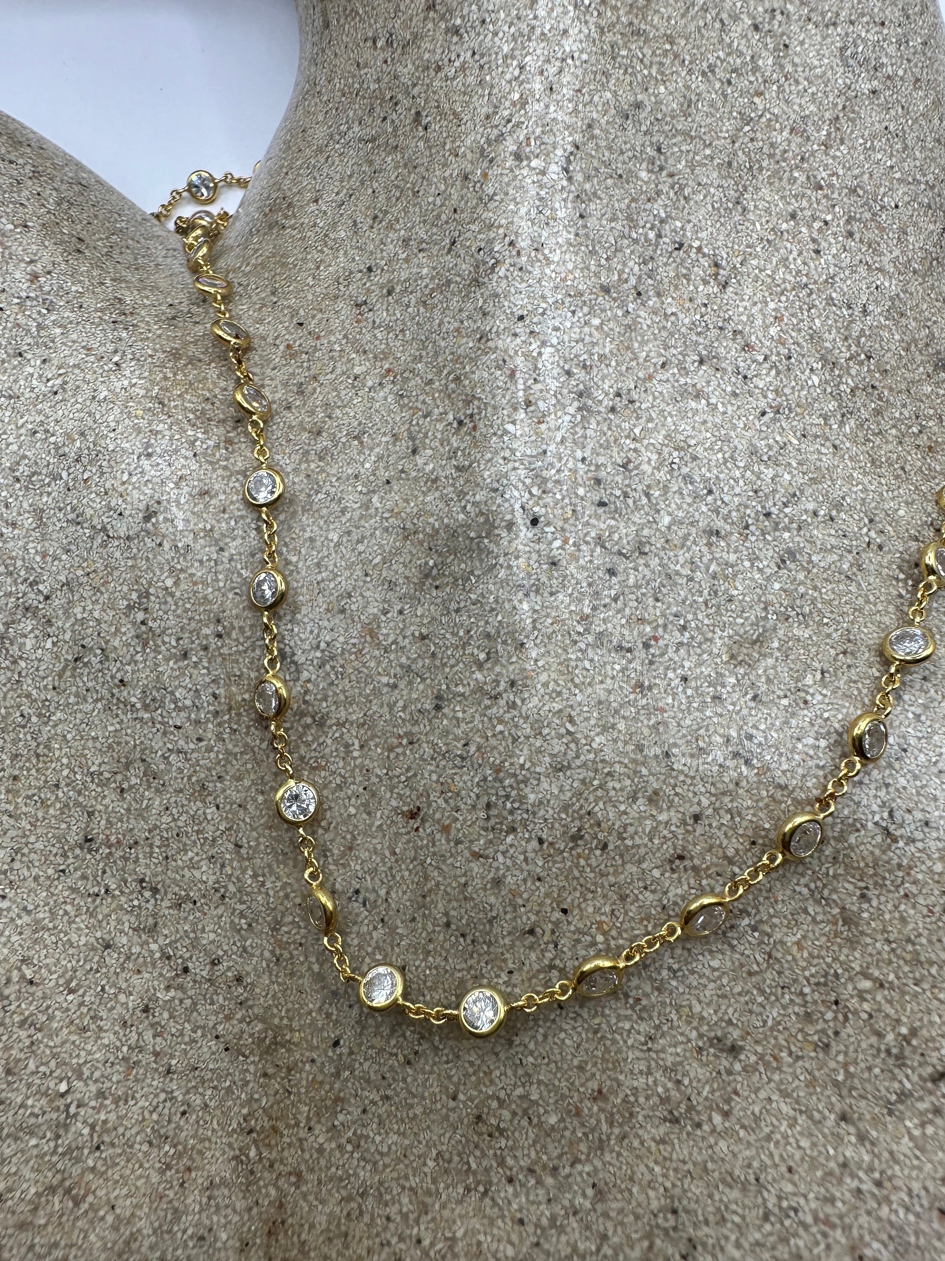 Vintage Crystal Cubic Zirconia Choker Necklace Golden 925 Sterling Silver 33 inches
