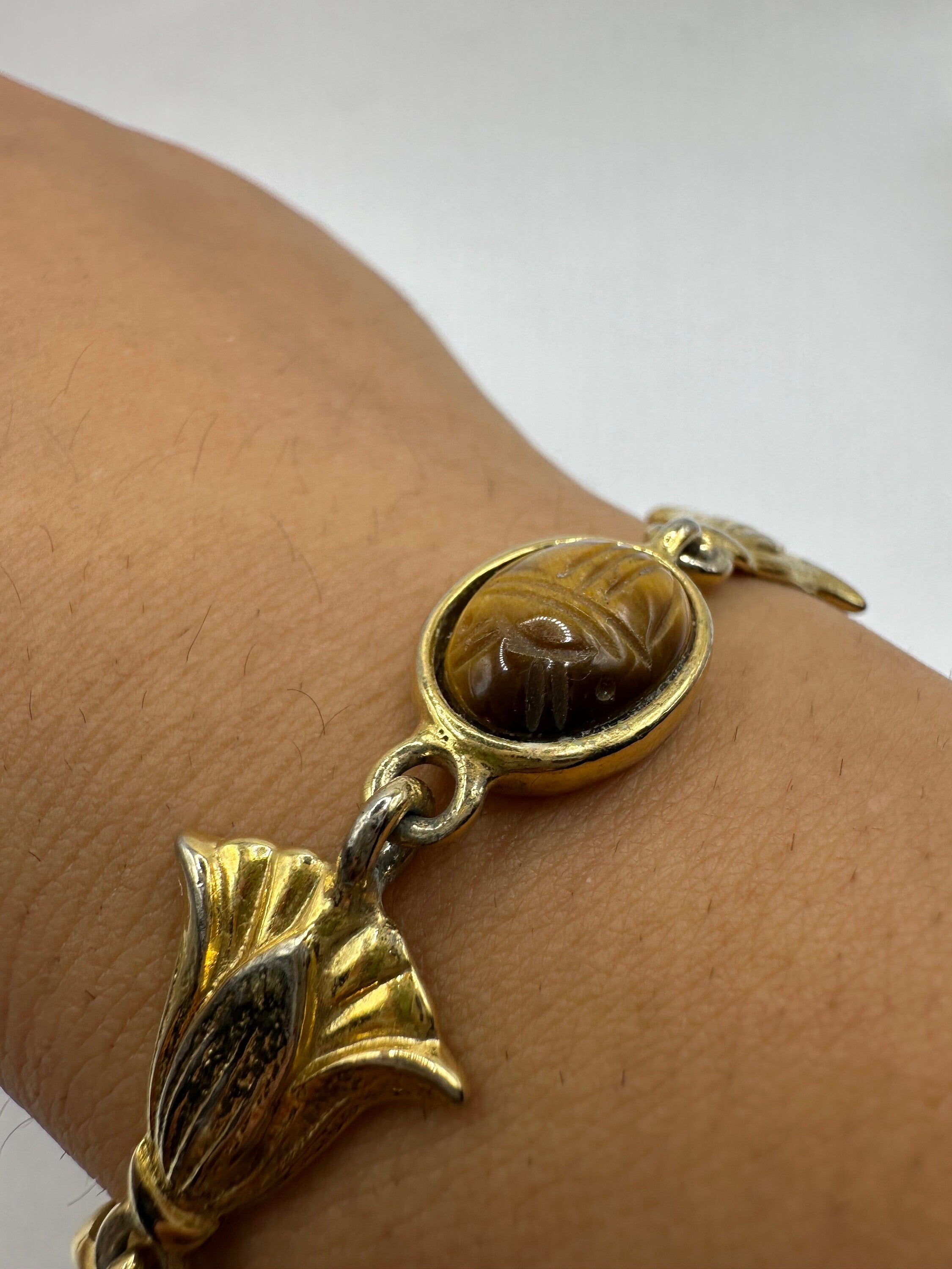 Vintage Scarab Bracelet Gold filled Carved Gemstones Nemesis Jewelry NYC