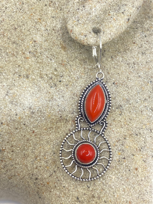 Vintage Red Coral Earrings 925 Sterling Silver Leverback