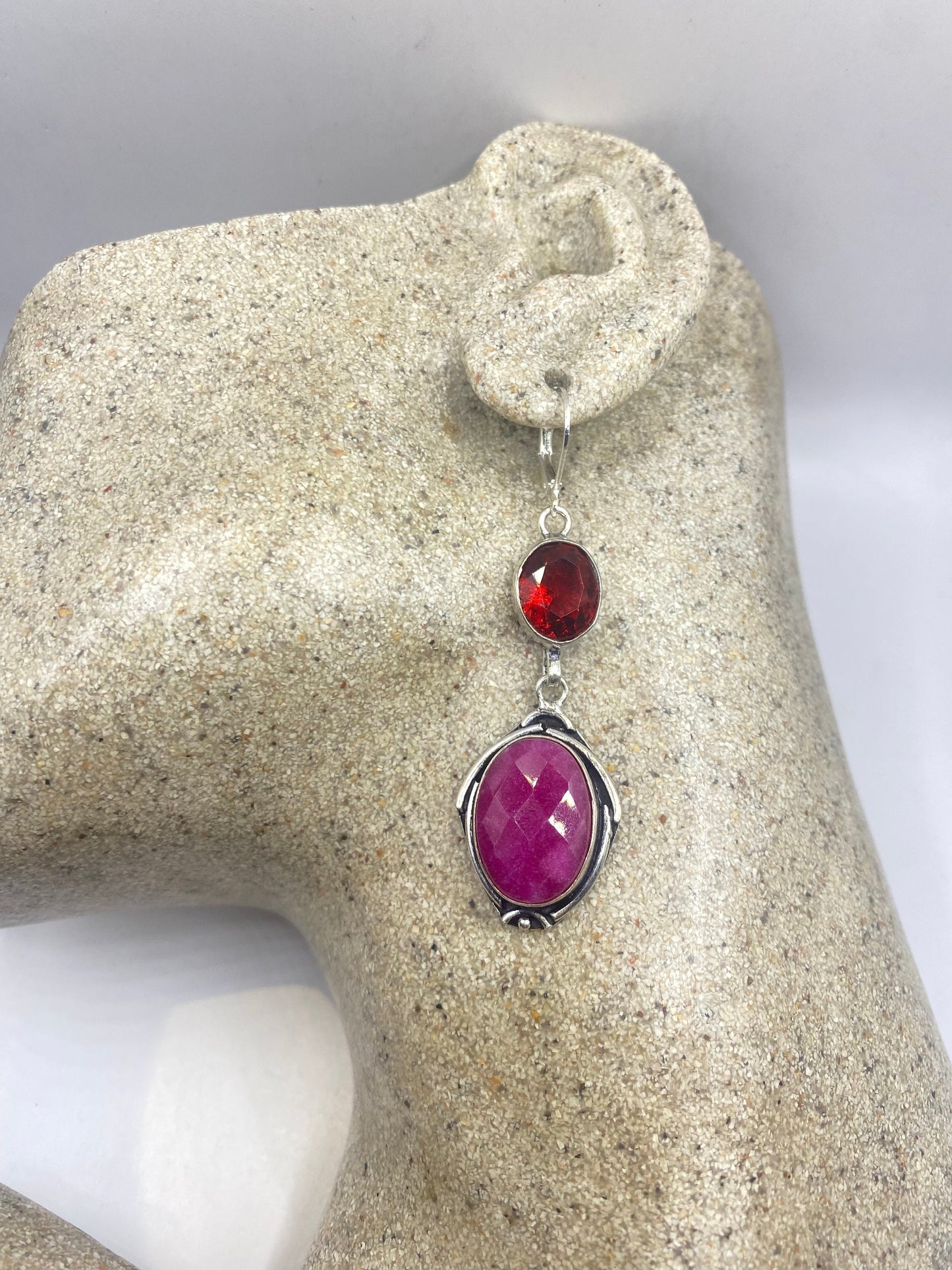 Vintage Pink Raw Ruby Earrings 925 Sterling Silver Leverback