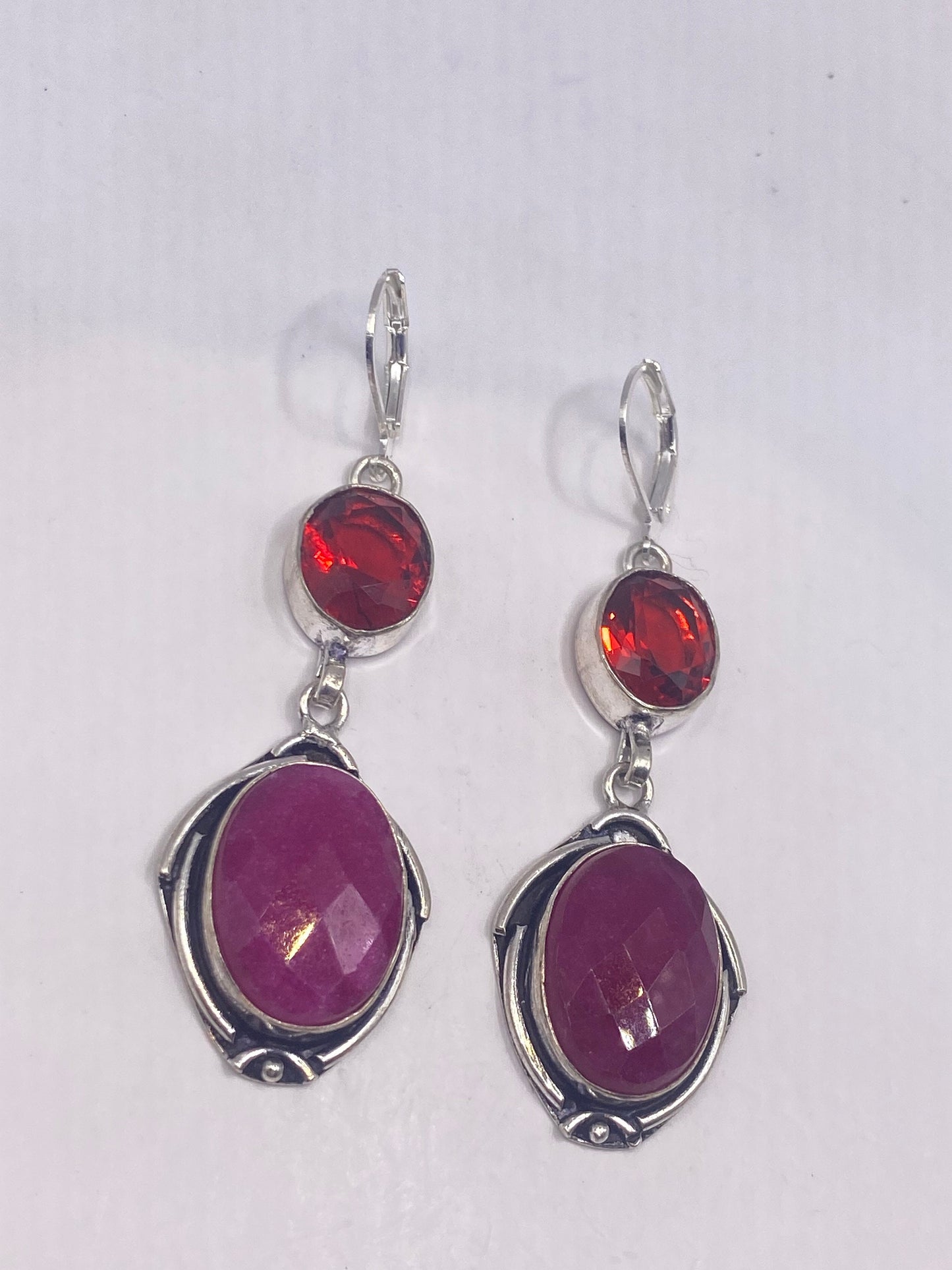 Vintage Pink Raw Ruby Earrings 925 Sterling Silver Leverback