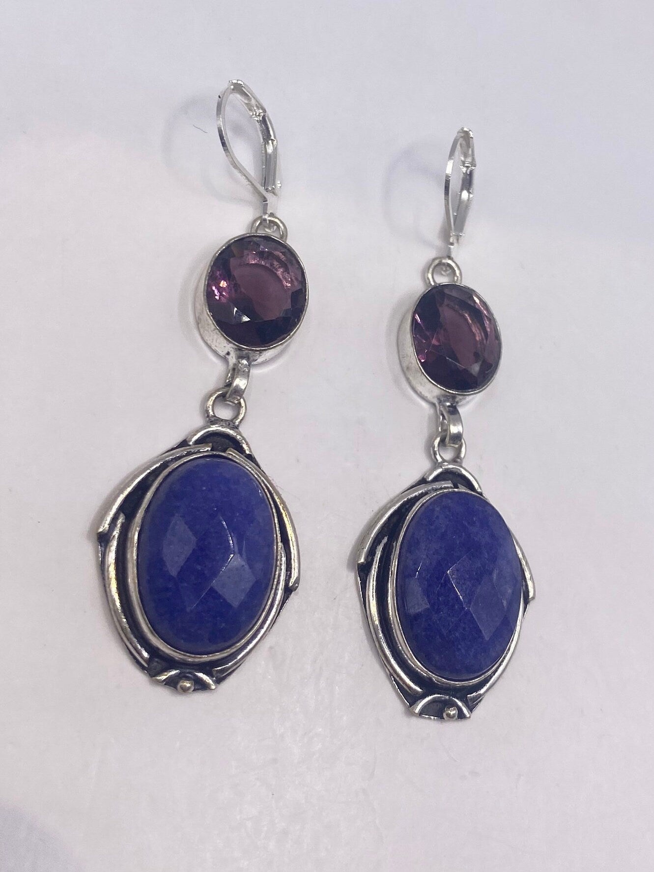 Vintage Blue Raw Sapphire Sterling Silver Lever Back Chandelier Earrings