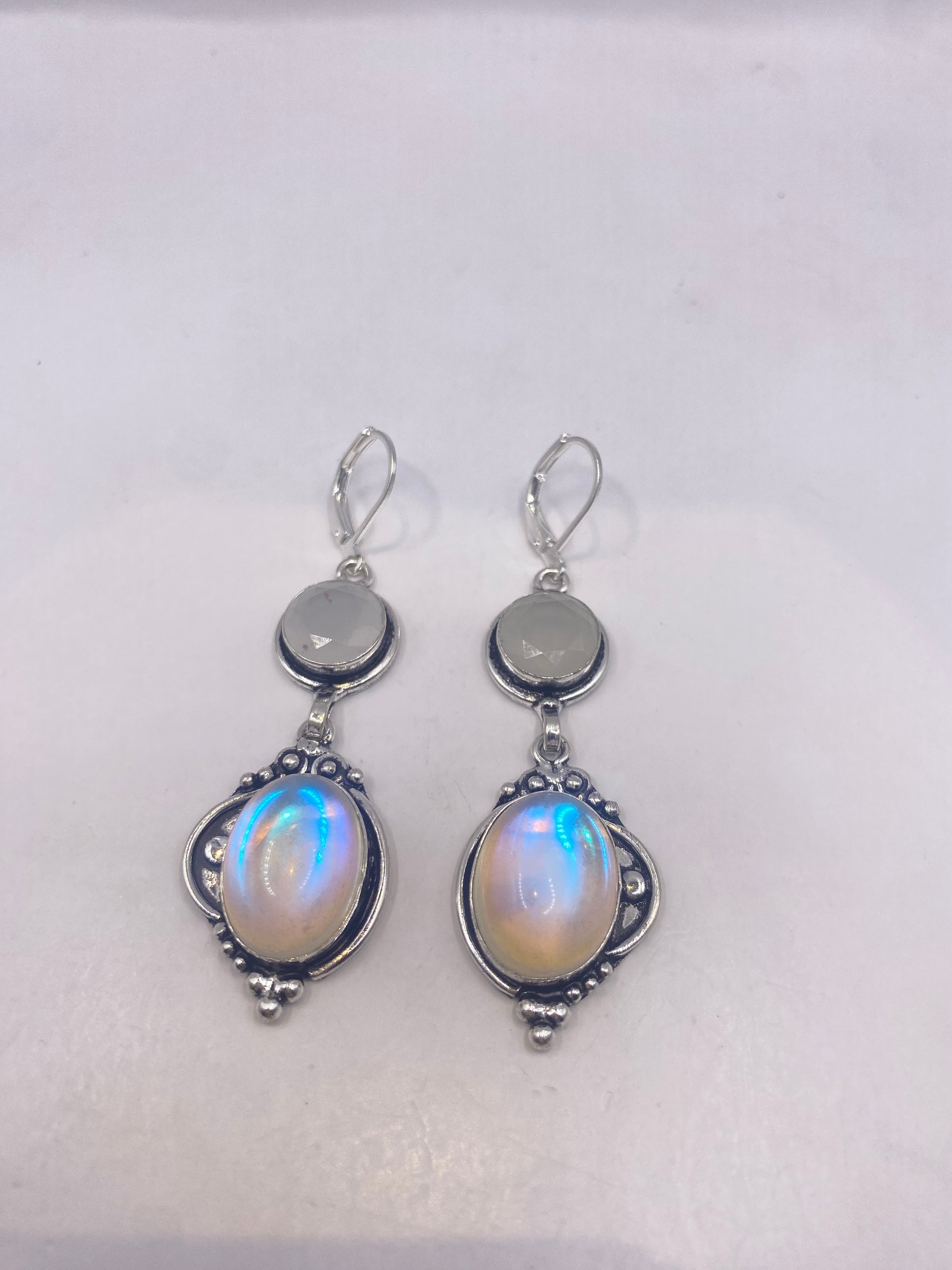 Antique Vintage Blue White Opal Glass Silver Dangle Earrings