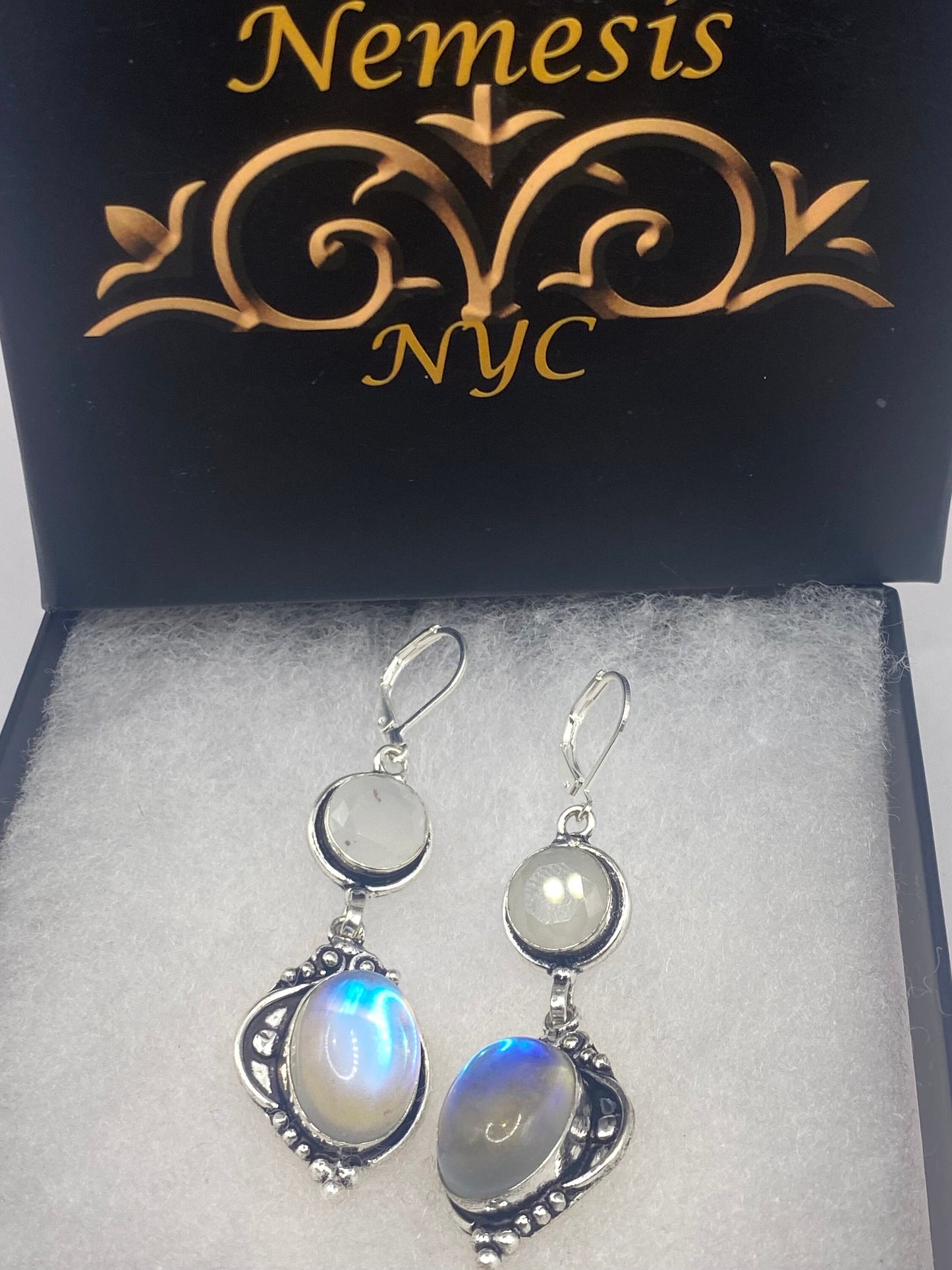 Antique Vintage Blue White Opal Glass Silver Dangle Earrings