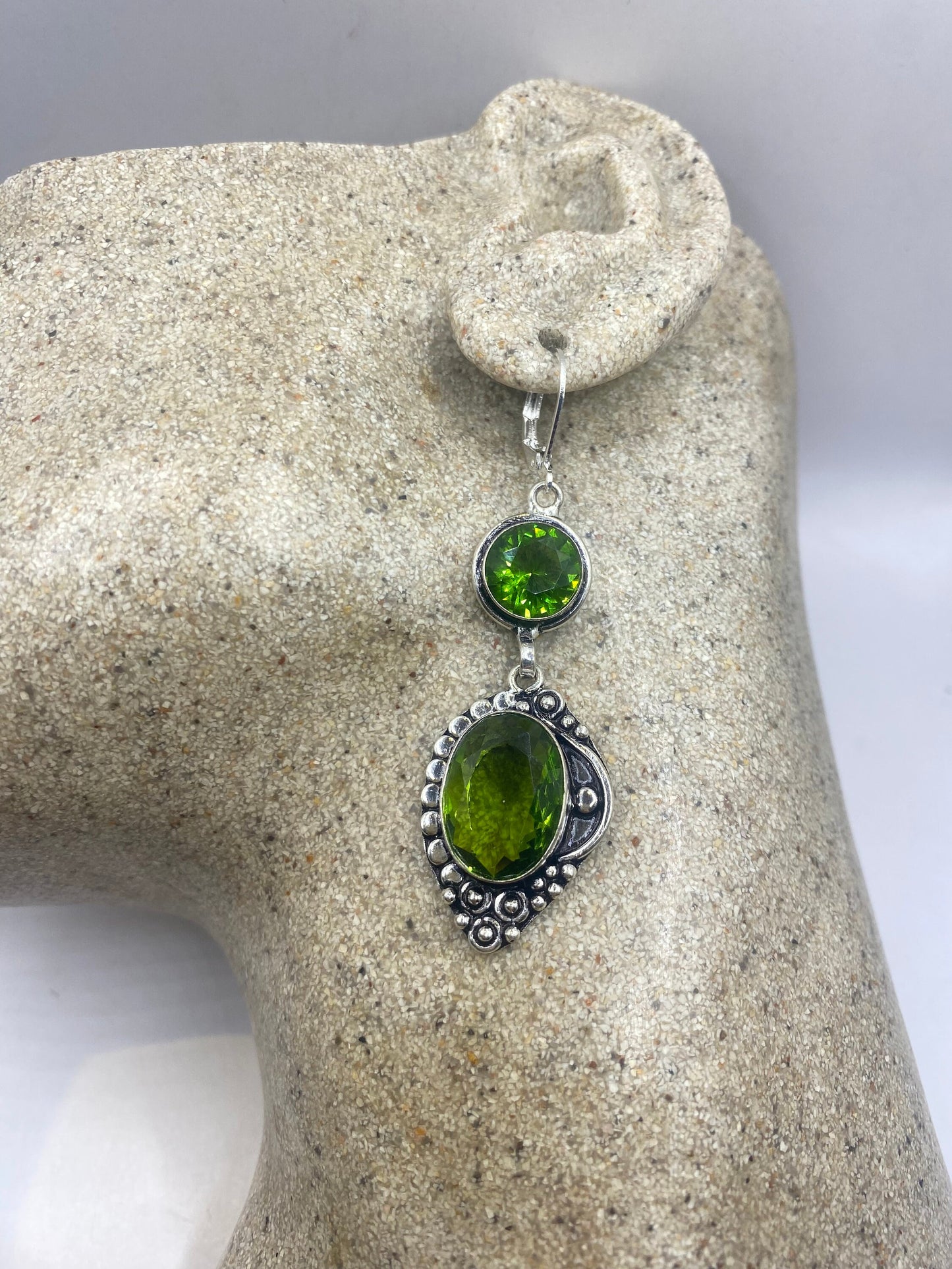 Antique Vintage Green Peridot Glass Silver Dangle Earrings