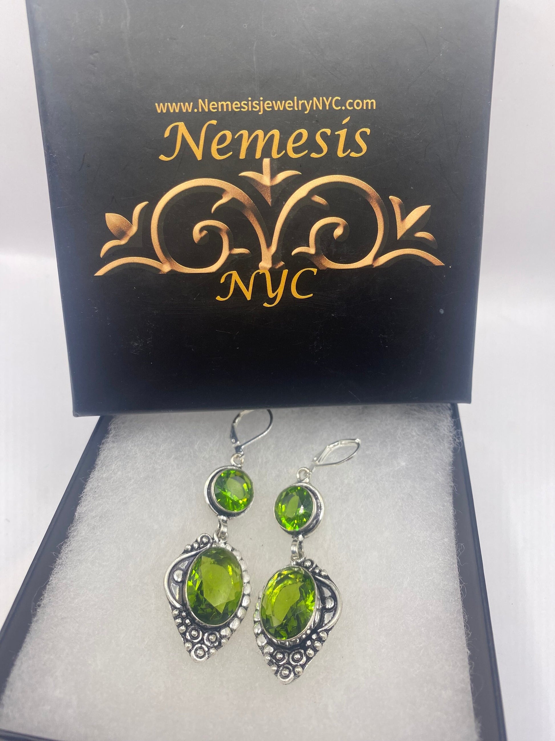 Antique Vintage Green Peridot Glass Silver Dangle Earrings