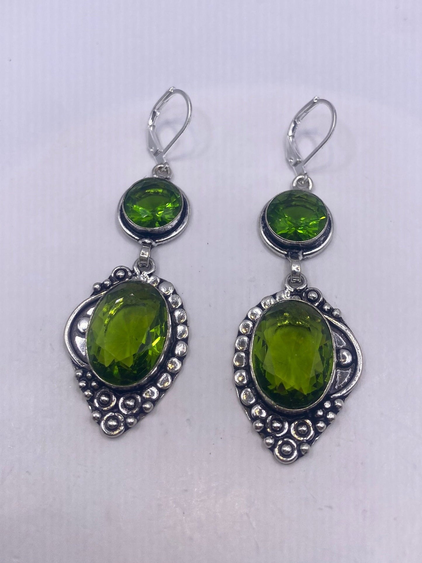 Antique Vintage Green Peridot Glass Silver Dangle Earrings