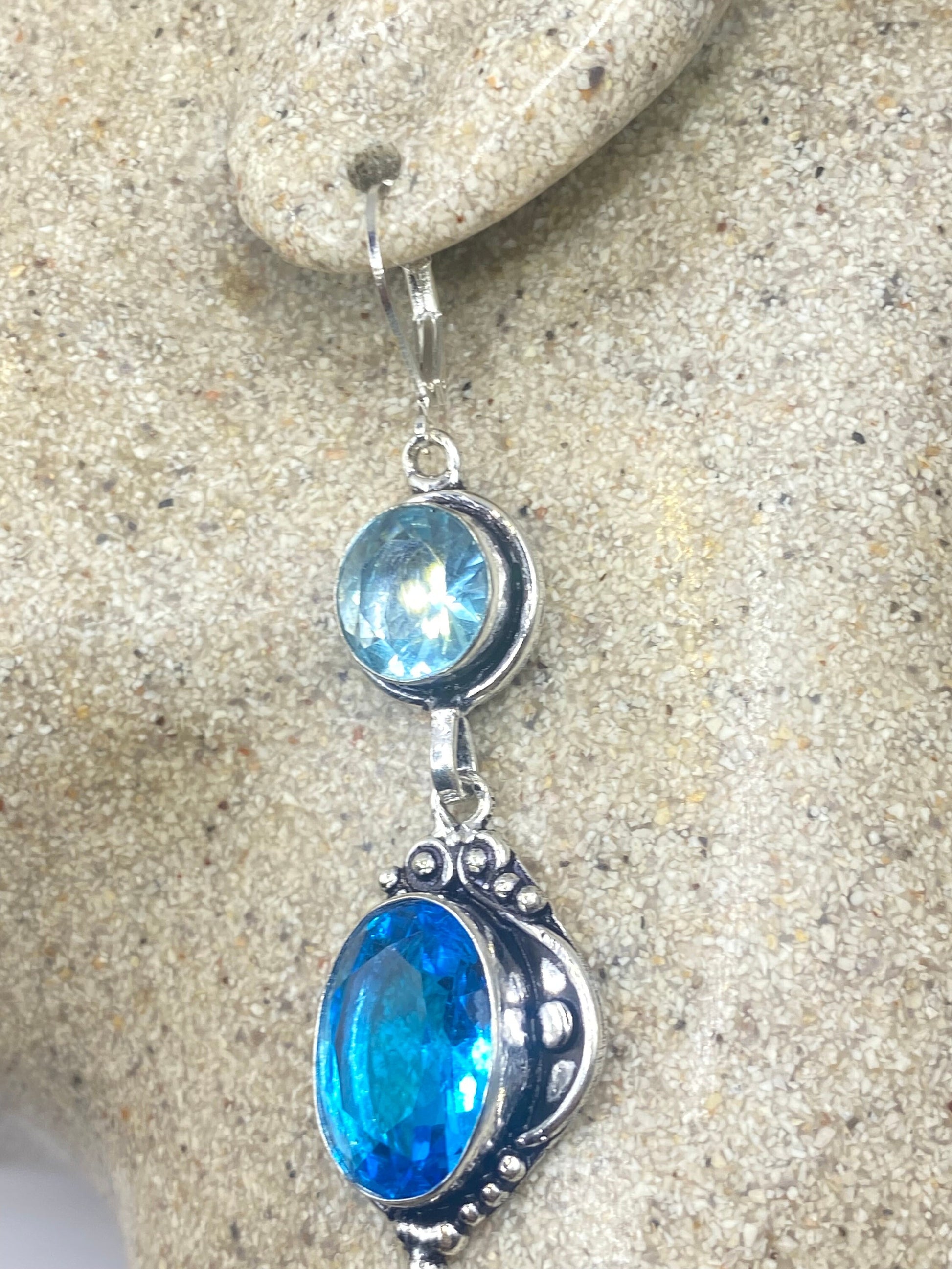 Antique Vintage Blue Topaz and Volcanic Glass Silver Dangle Earrings