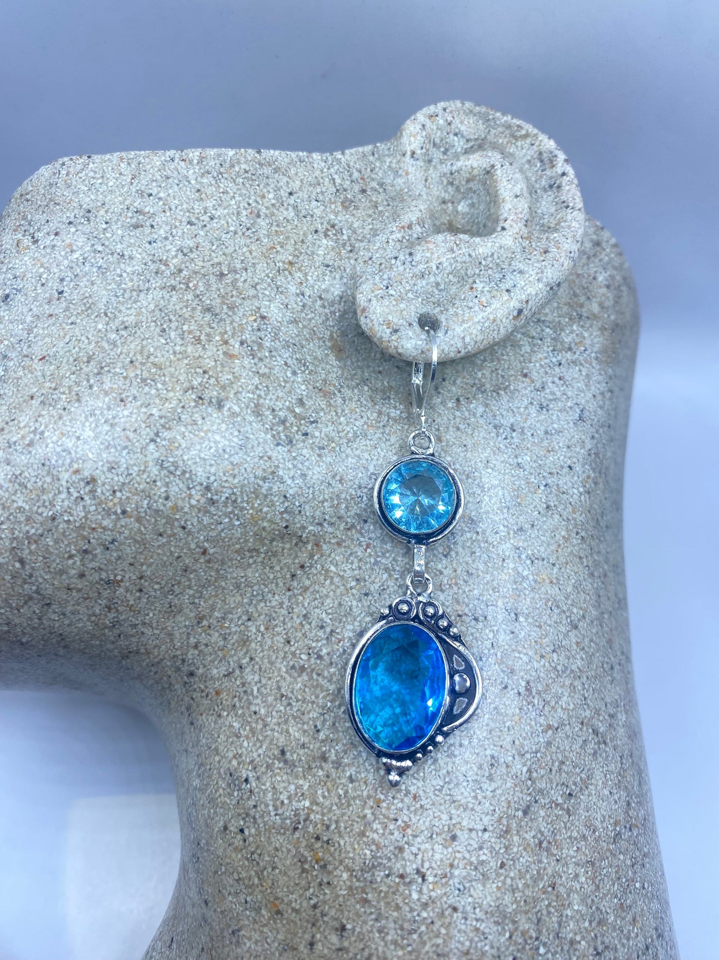 Antique Vintage Blue Topaz and Volcanic Glass Silver Dangle Earrings