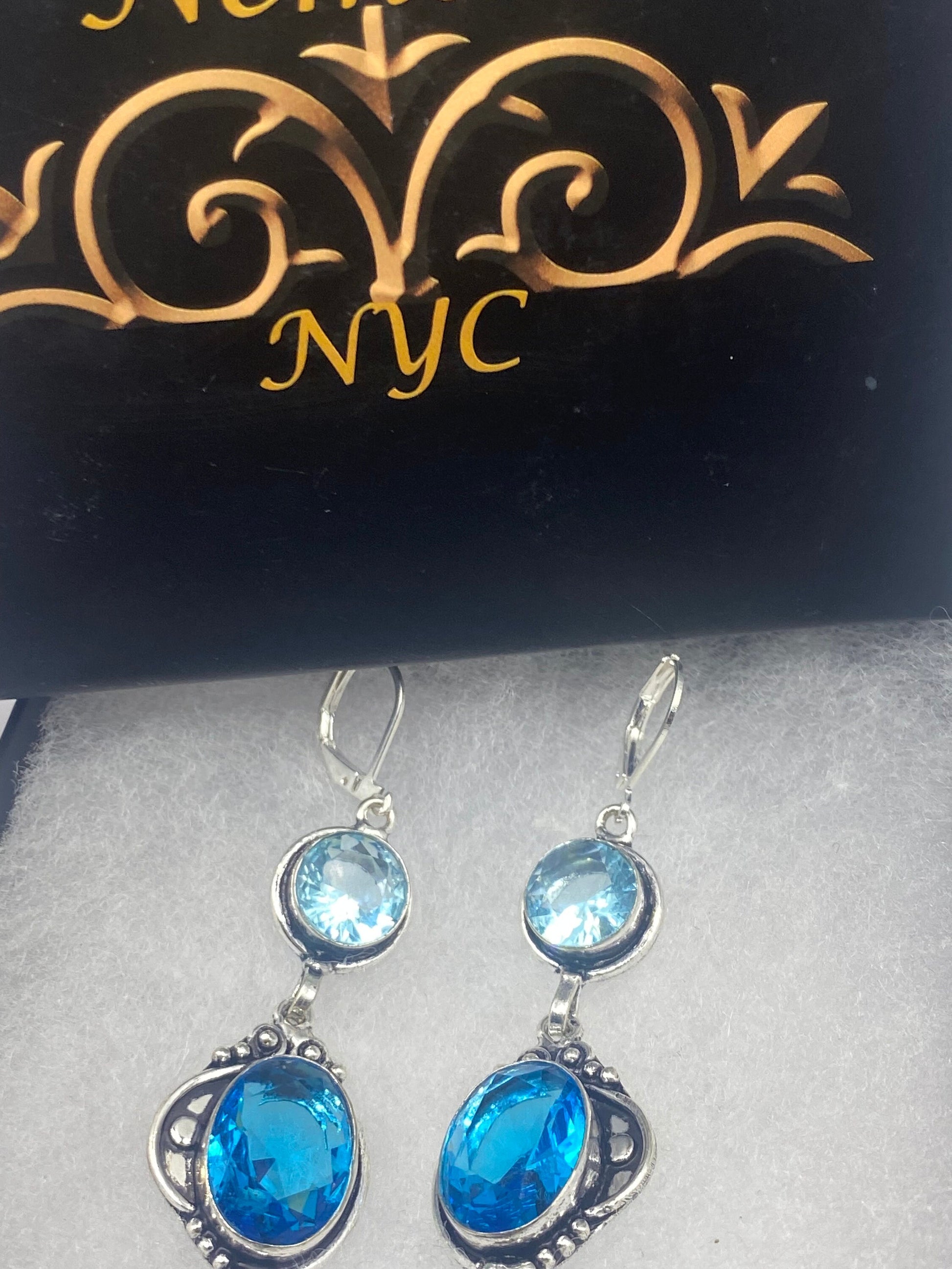 Antique Vintage Blue Topaz and Volcanic Glass Silver Dangle Earrings