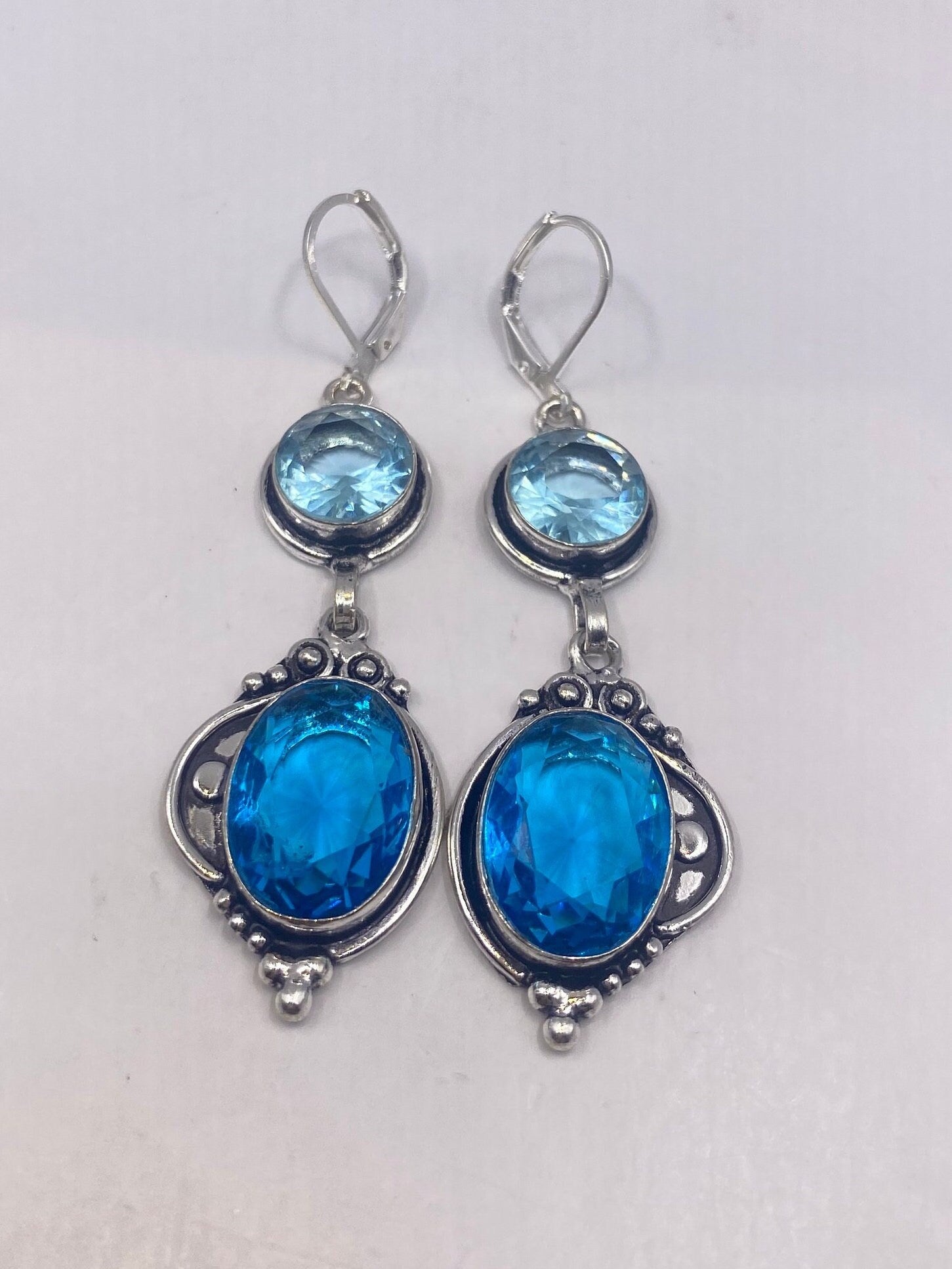 Antique Vintage Blue Topaz and Volcanic Glass Silver Dangle Earrings