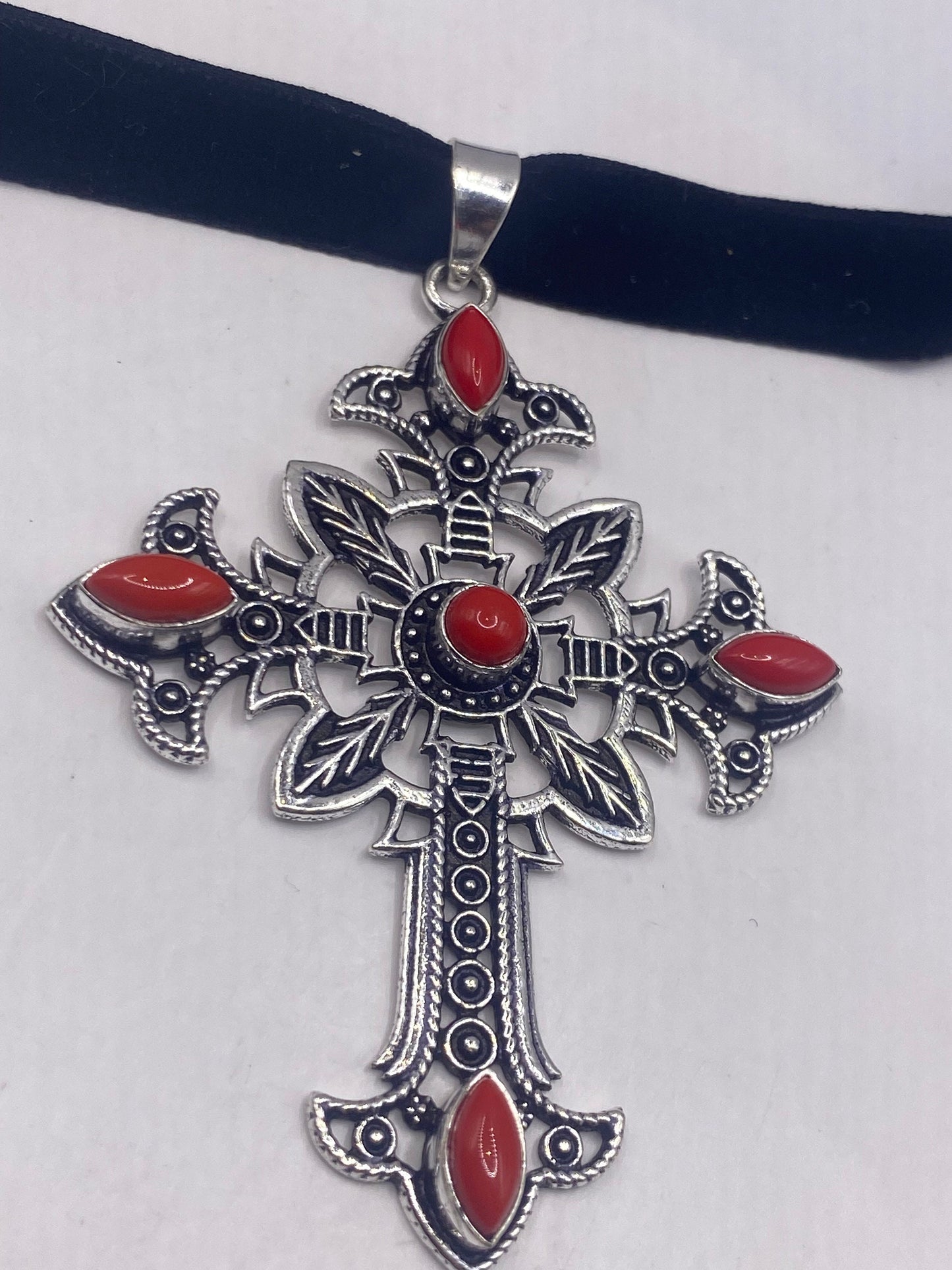 Vintage Red Coral Cross Choker Black Velvet Necklace.