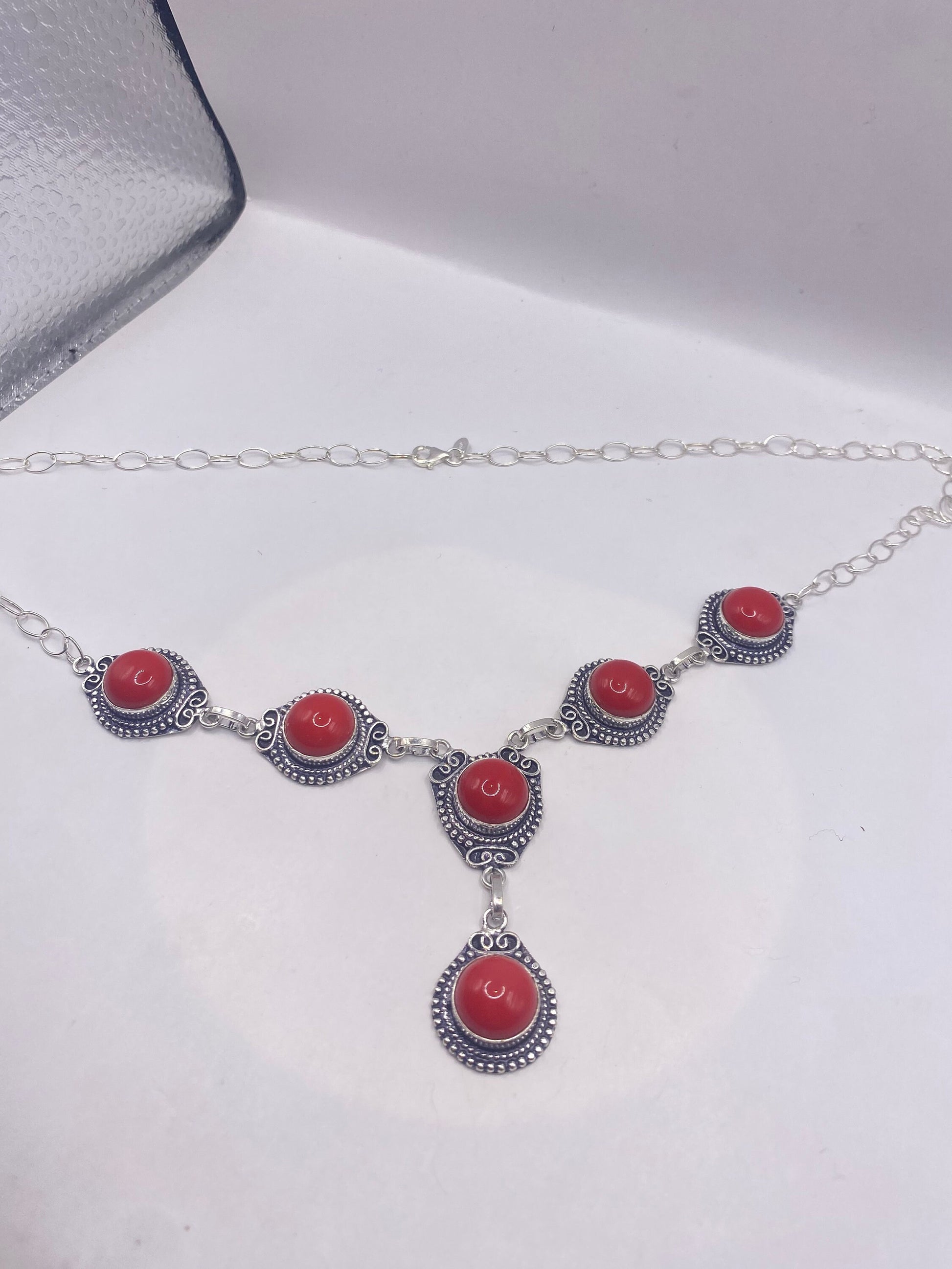Vintage Silver Red Coral Choker Necklace