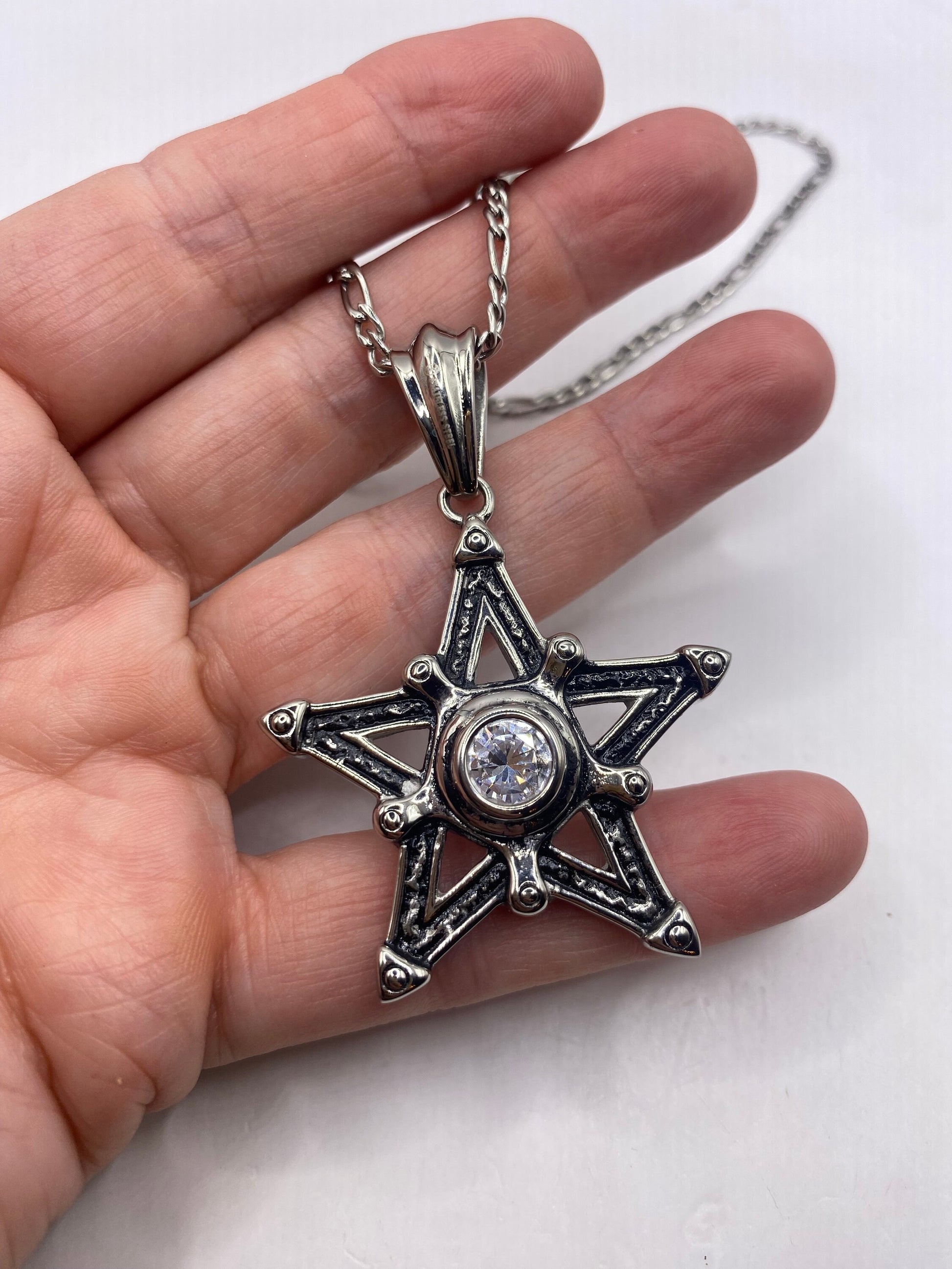 Vintage Pentacle Star Choker Pendant Necklace Silver Stainless Steel