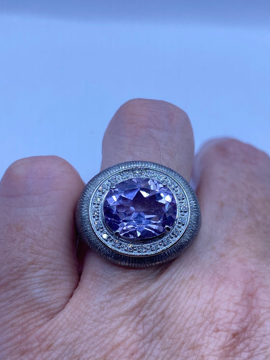Vintage Purple Amethyst and Diamond Ring Deco Silver Stainless Steel Size 7