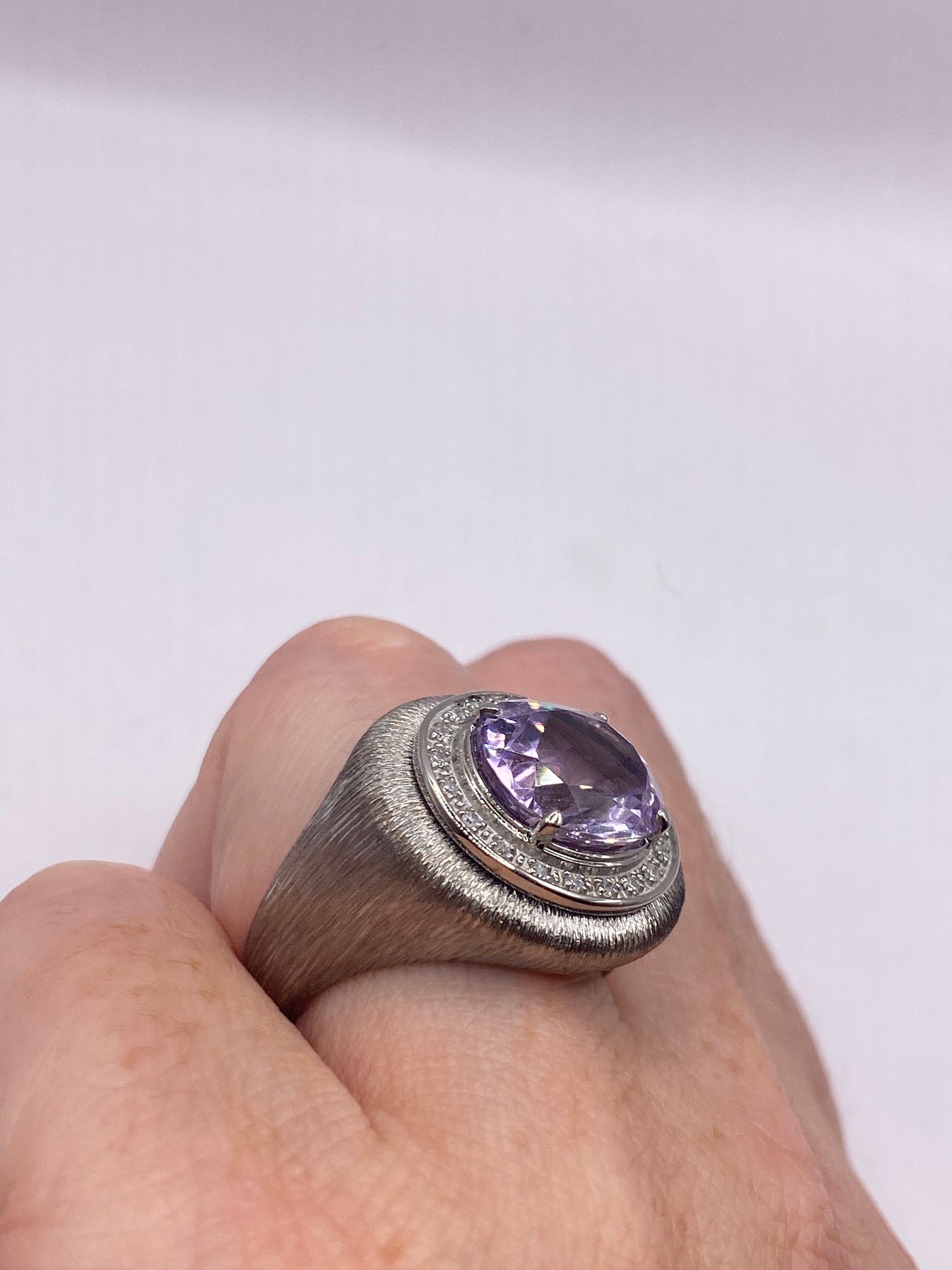 Vintage Purple Amethyst and Diamond Ring Deco Silver Stainless Steel Size 7