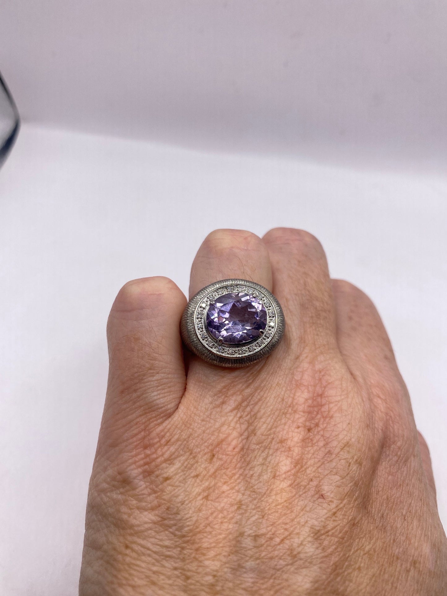 Vintage Purple Amethyst and Diamond Ring Deco Silver Stainless Steel Size 7